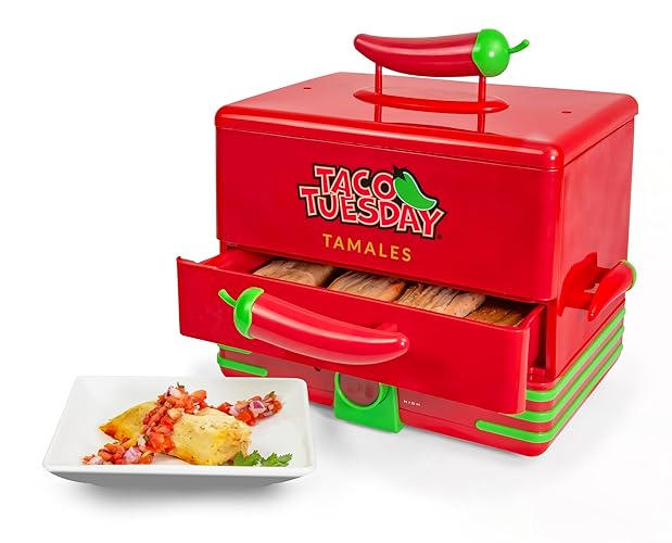 Nostalgia Taco Tuesday Tamales Steamer - Veggie, Pot Sticker, Hot Dog, Egg, & Hot Tamale 2 Tier Food Steamer – Red and Green