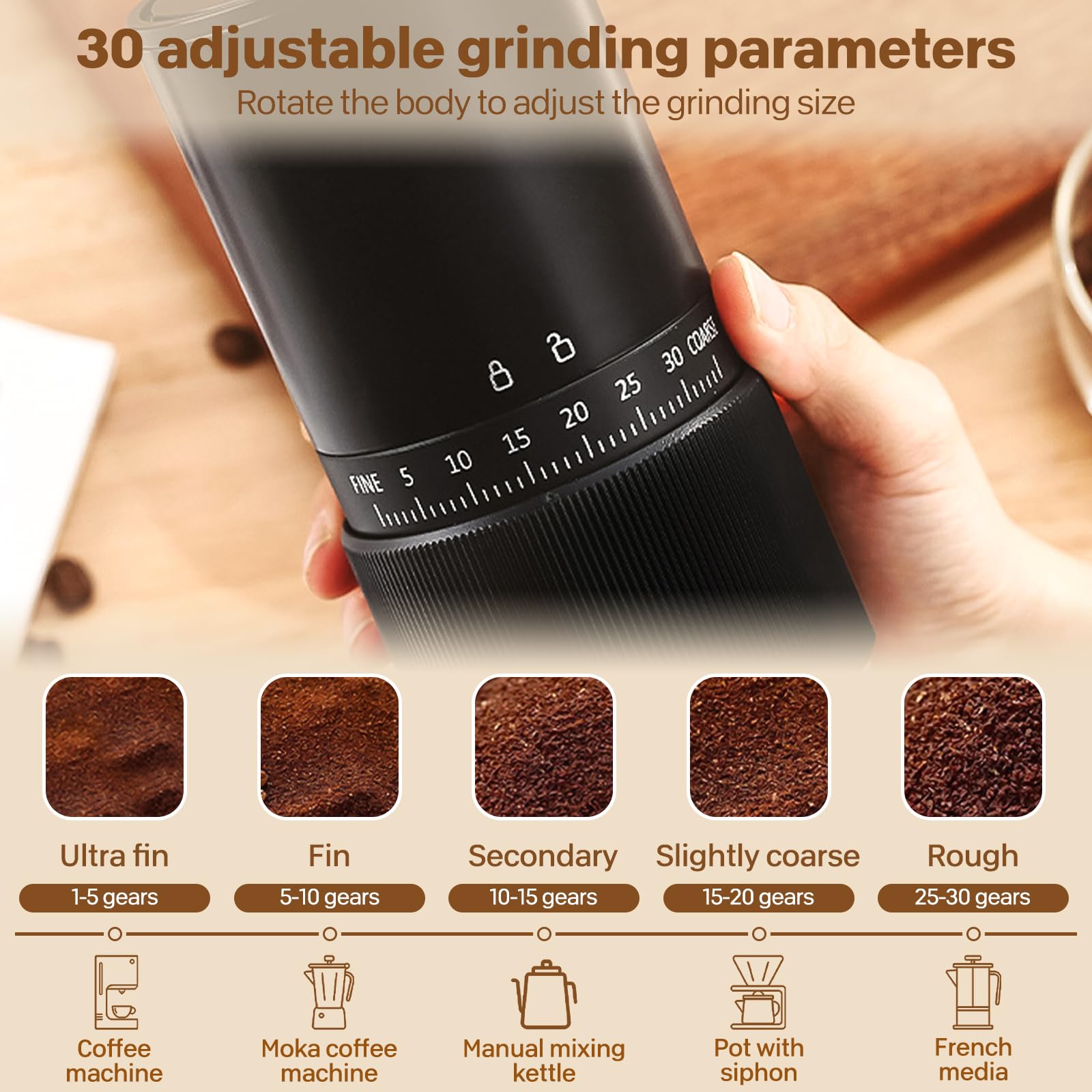 Moulin à café portable, petit moulin à café électrique avec 30 réglages, moulin à café rechargeable sans fil avec fraise conique en céramique et brosse de nettoyage pour voyage et camping