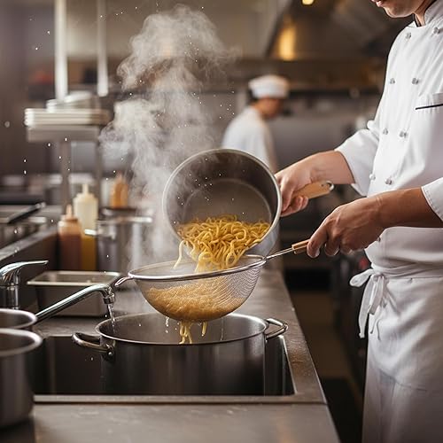 Miniatura 6 de Colador de 8 pulgadas de diámetro mediano de acero inoxidable de malla fina de malla simple con mango de color marrón plateado tamiz de cocina