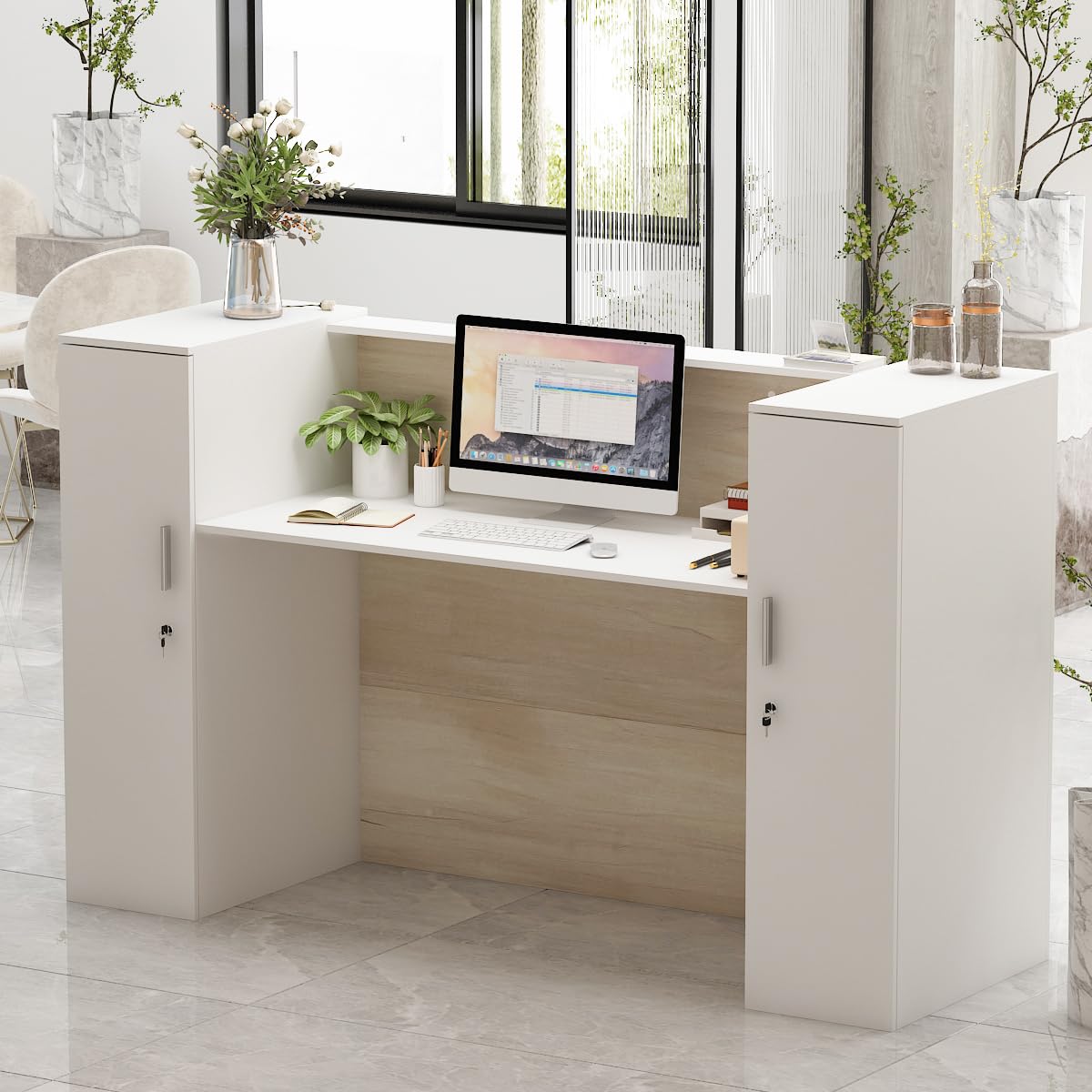 Banco reception, banconi per reception grandi, reception tavolo bancone con ripiani regolabili, banco reception ufficio bancone, colore legno e bianco, 180 X 60 X 110 cm, MDF