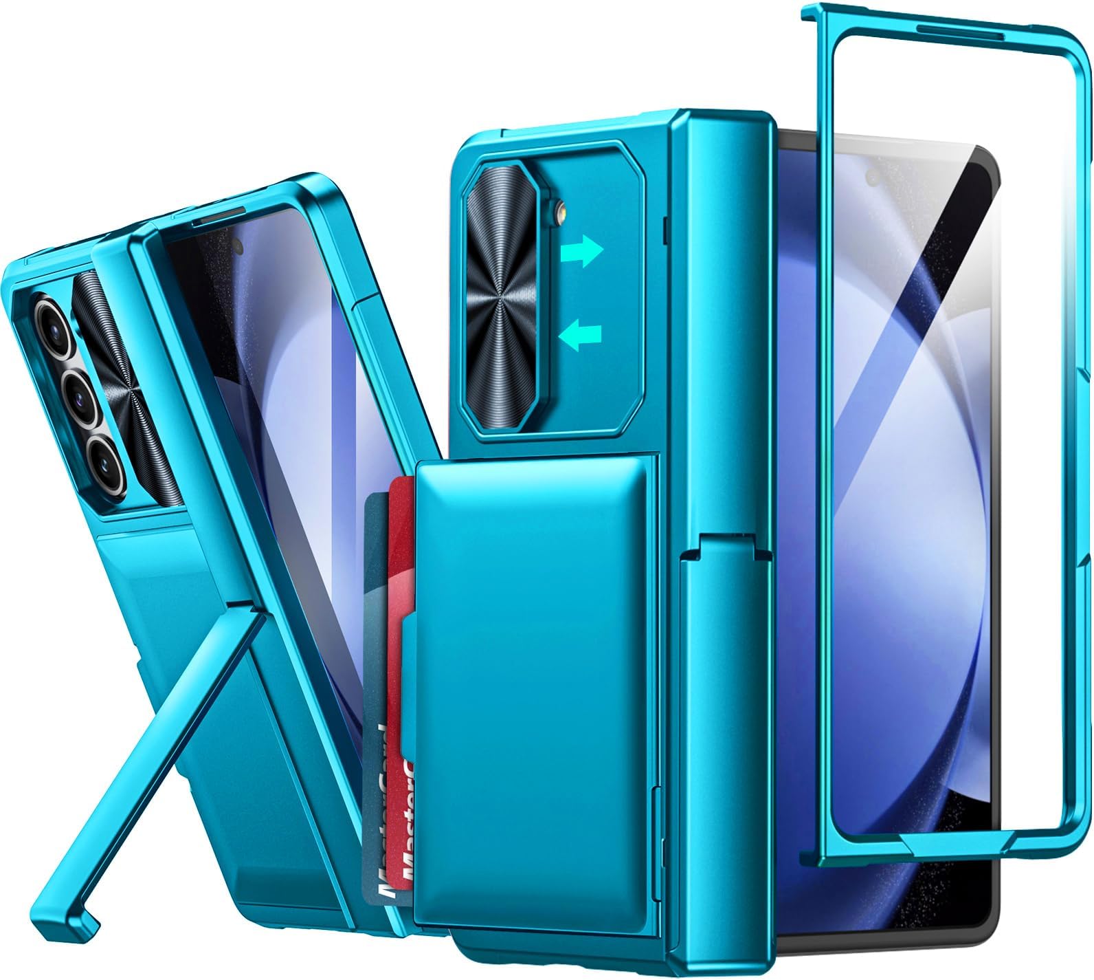 Vizvera for Galaxy Z Fold 5 Wallet Case with Cards Holder/Stand/Slide Camera Cover/Front Screen Protector Sensitive Touch HD Clearly All-Inclusive Shockproof Case for Z Fold 5 (2023)-Lake Blue