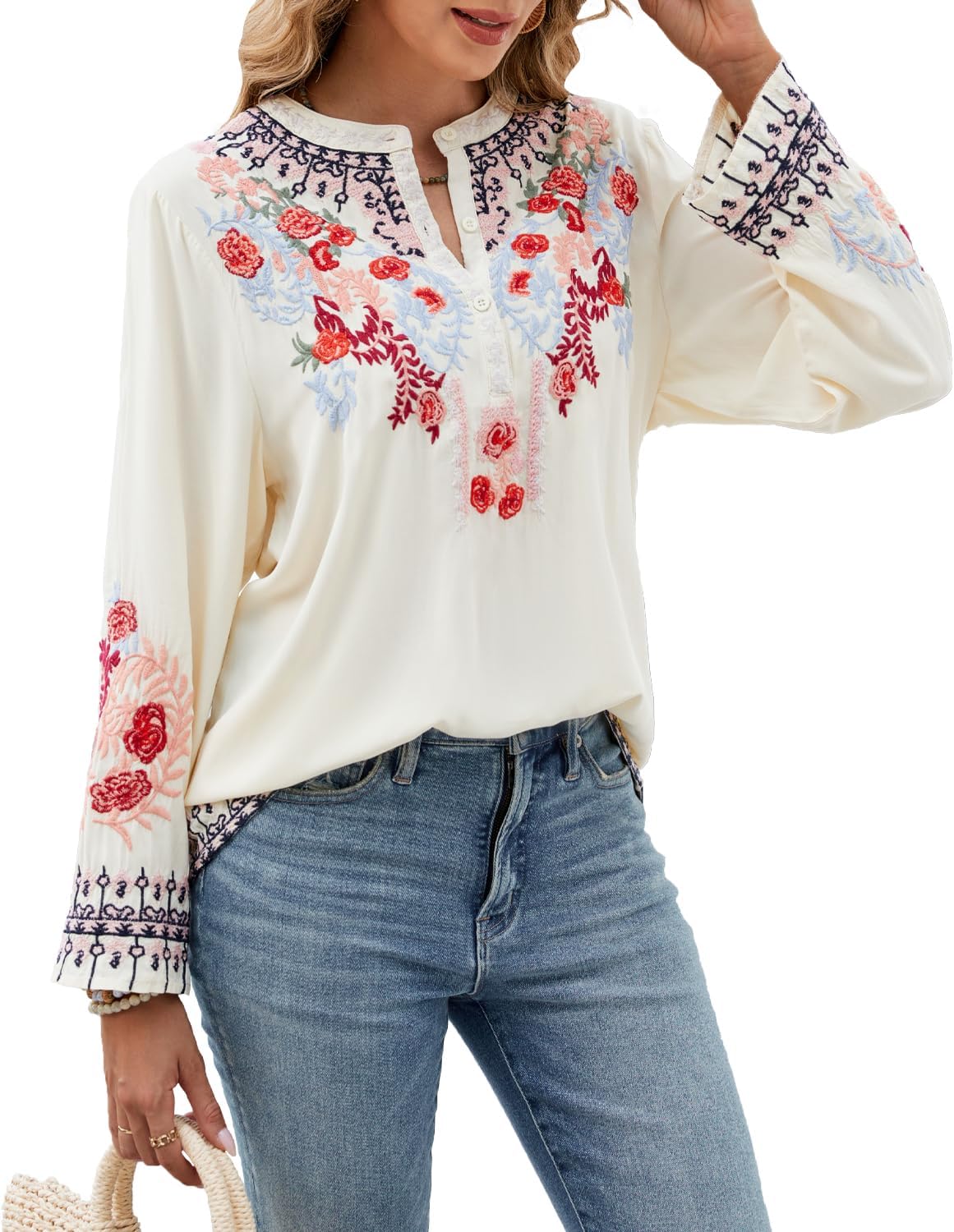 Womens Fall Fashion Long Sleeve Mexican Shirts Embroidered Tops Peasant Blouses Boho Clothes for WomenTrendy - Image 3
