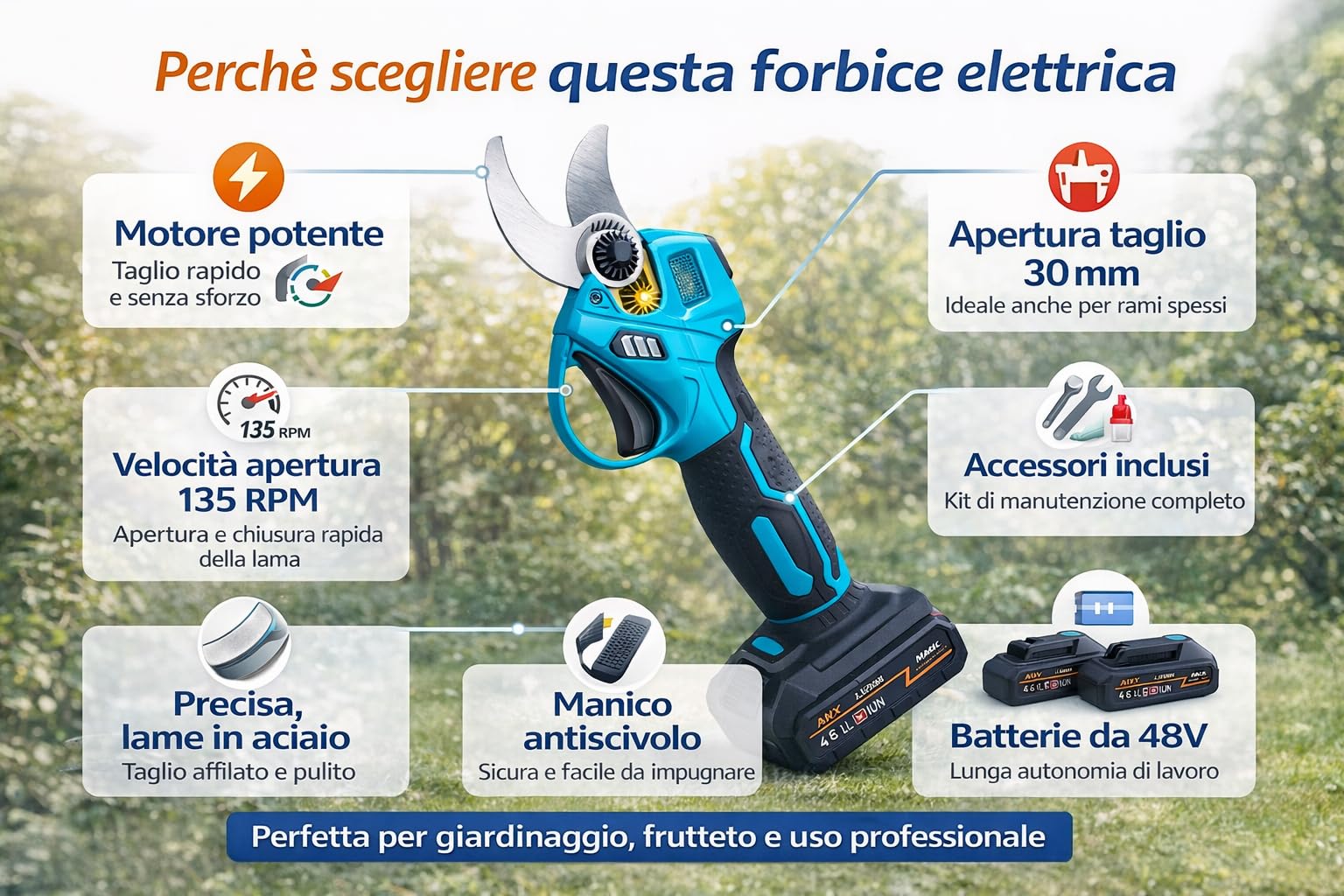 Forbice da Potatura, 2 anni di Garanzia, Doppia Batteria 48V, Kit accessori, Carica Batterie incluso, Cesoia da potatura Elettrica, Cesoie per Giardinaggio