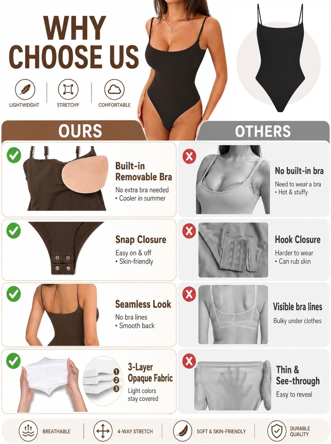 Starrylion Bodysuits for Women Padded Double Lined Cami Body Suit Tank Tops