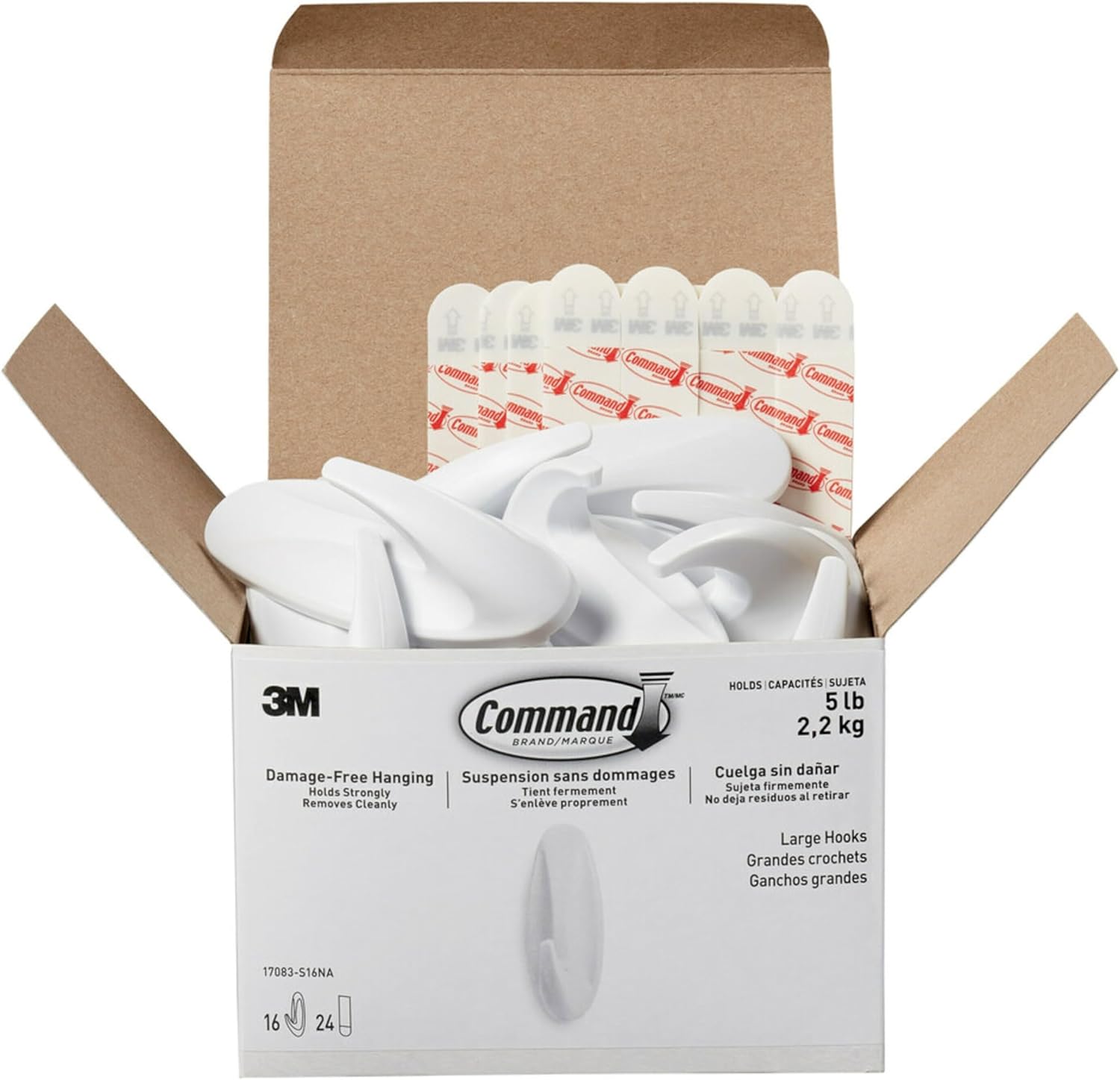 Command Large Designer Hooks, Holds up to 5 lb, 16 Wall Hooks with 24 Command Strips, Organize Damage-Free, No Tools Wall Hooks for Hanging Decorations in Living Spaces (Large White) Thumbnail