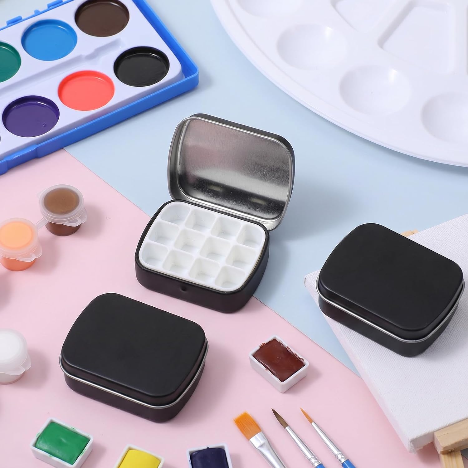12 Pcs Mini Watercolor Storage Box, Portable Paint Palette with Lid - Magnetic ABS Insert, 12-Well Empty Tin Case for Artists, Travel & DIY Craft, Matte Black