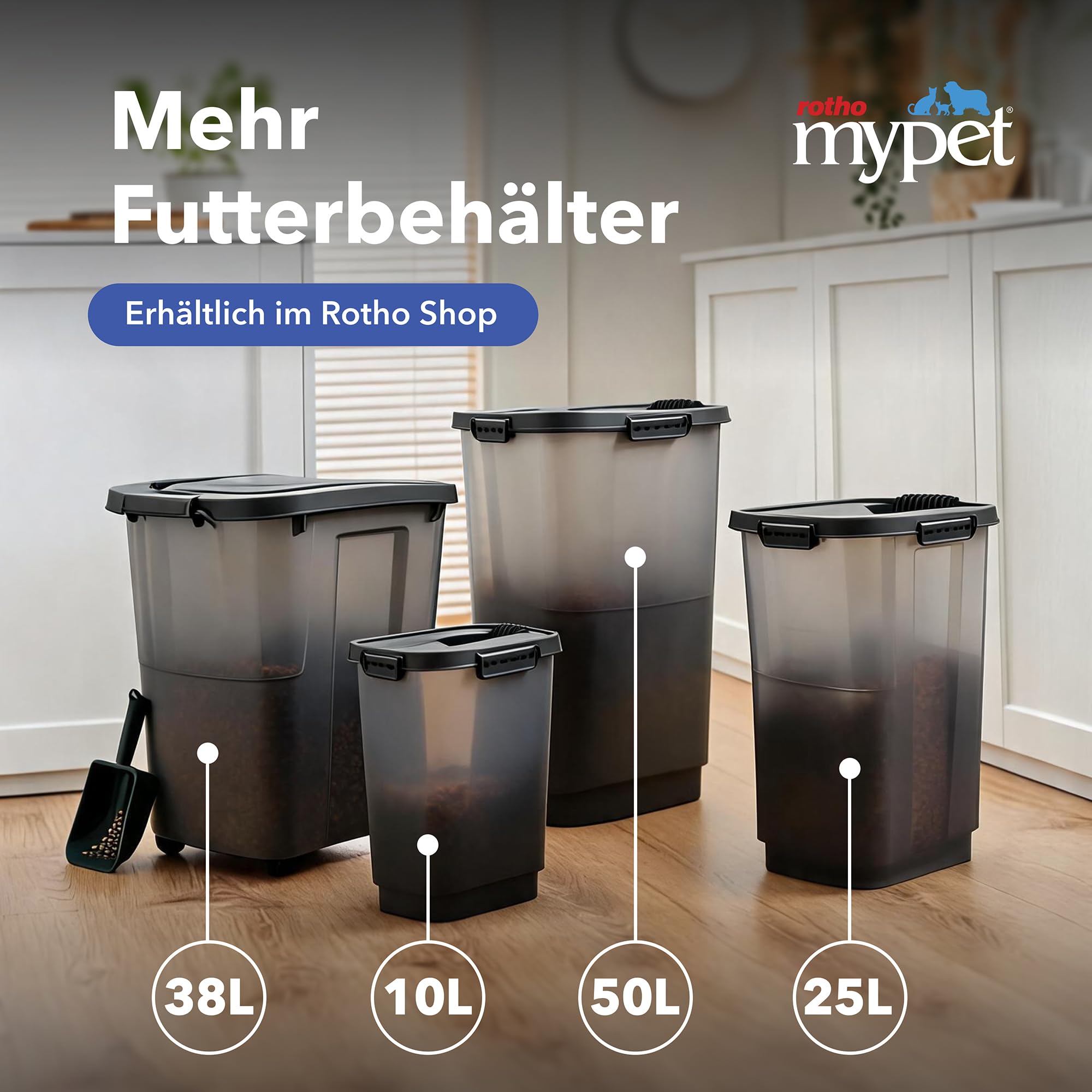 Rotho Archie Tierfutterbehälter Deckel, lebensmittelechter Kunststoff (PP) BPA-frei, schwarz transparent, 38l, (41 x 37 x 50 cm)