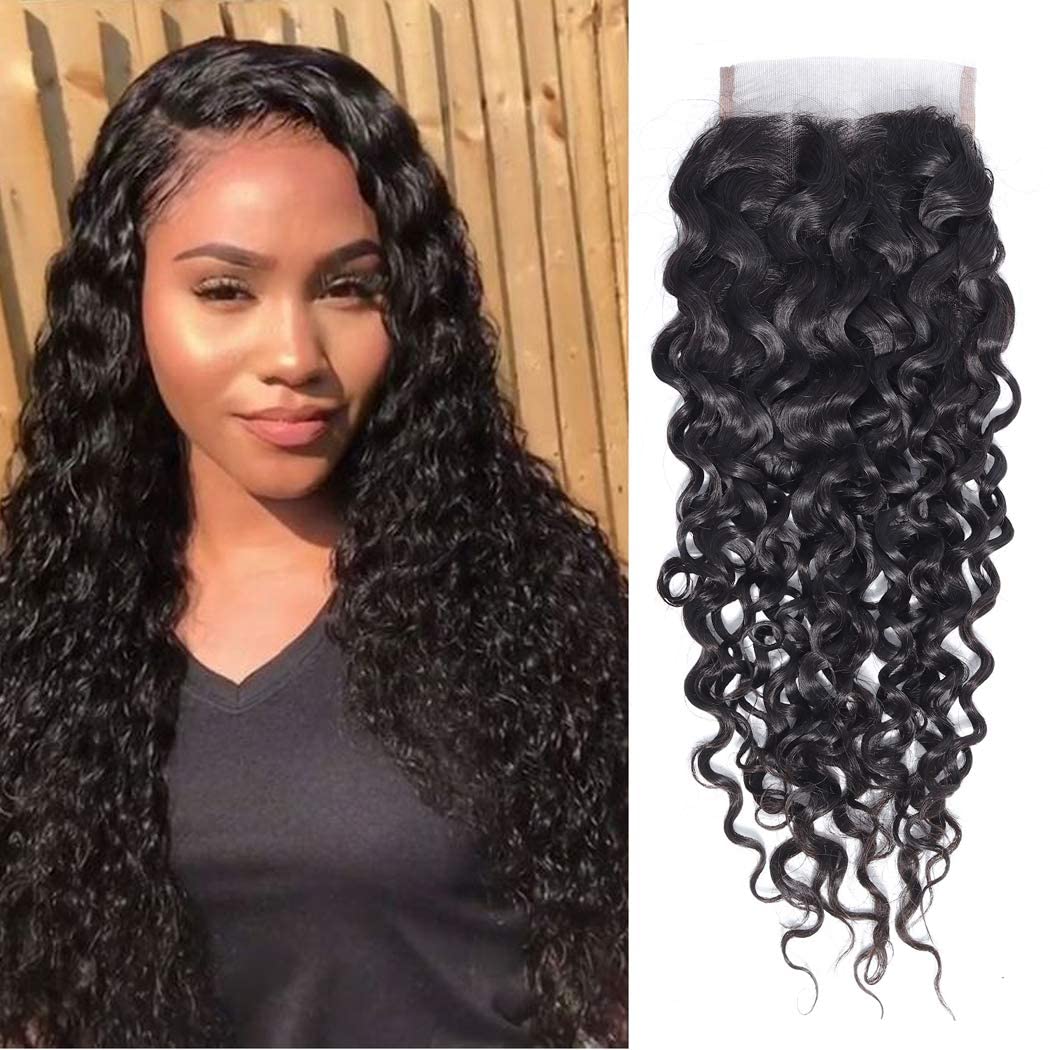 Deep Curly Wave Lace Closure Human Hair 4x4 HD Lace Closure 20inch Unprocessed Brazilian Free Part Closure Virgin Human Hair Extensions for Women Pre Plucked Natural Black