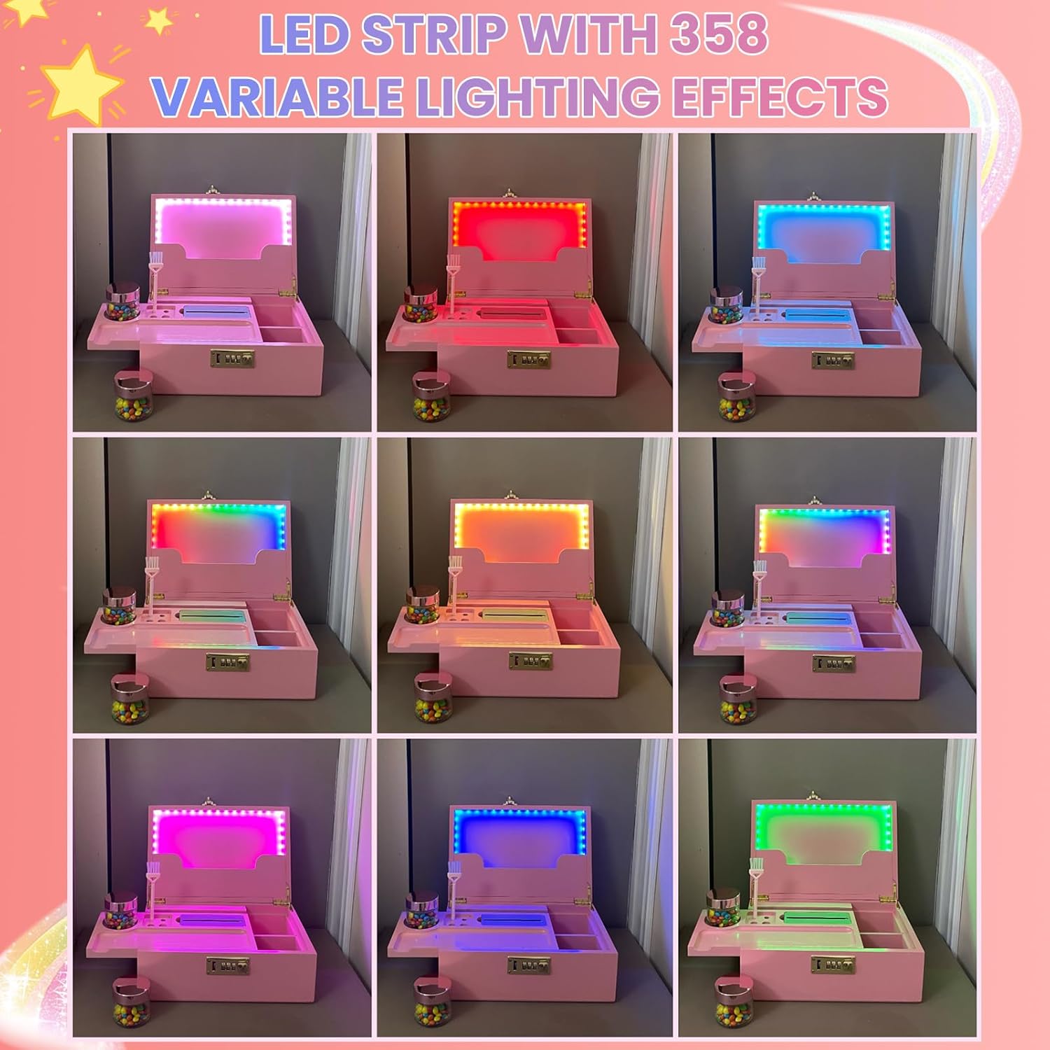 Usoway Bamboo Storage Box With Colored LED Lights - 358 Kinds Cool Light Effects, Premium Decorative Wooden Box With Combination Lock, Storage Box Set With Sliding Tray and Accessories (pink)