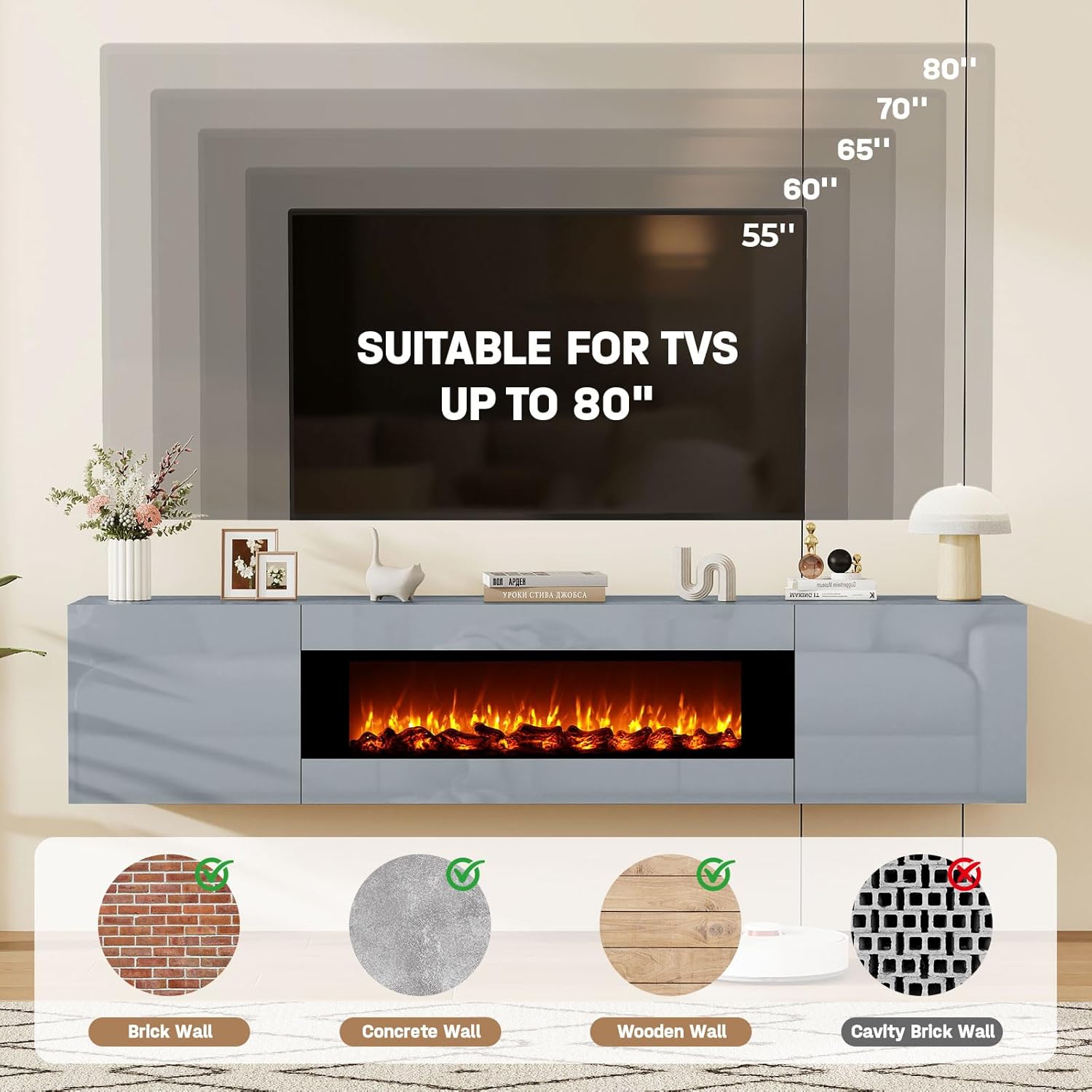 70" Wall Mounted Floating TV Stand with 36" Electric Fireplace, High Gloss Floating Entertainment Center TV Shelf for TVs Up to 80", Grey Fireplace Media Console Table Floating TV Cabinet Living Room
