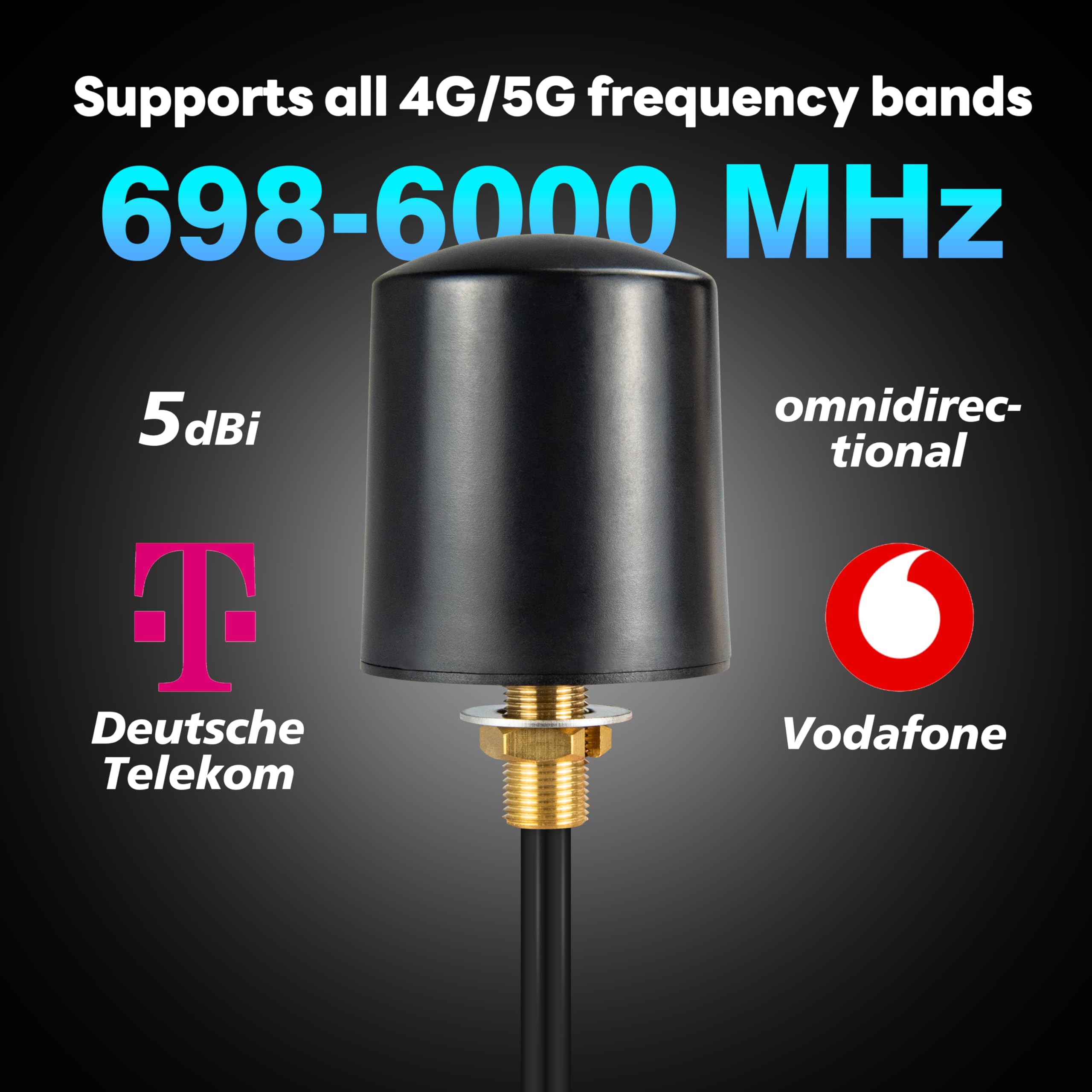 MIMO 5G LTE Antenna Outdoor 600-6000 MHz 4G 5G LTE Antenna esterna Omnidirezionale 5dBi con 5M Dual SMA maschio BMR100 cavo con adattatore SMA TS9 per router 4G/5G, WLAN, IoT e reti cellulari