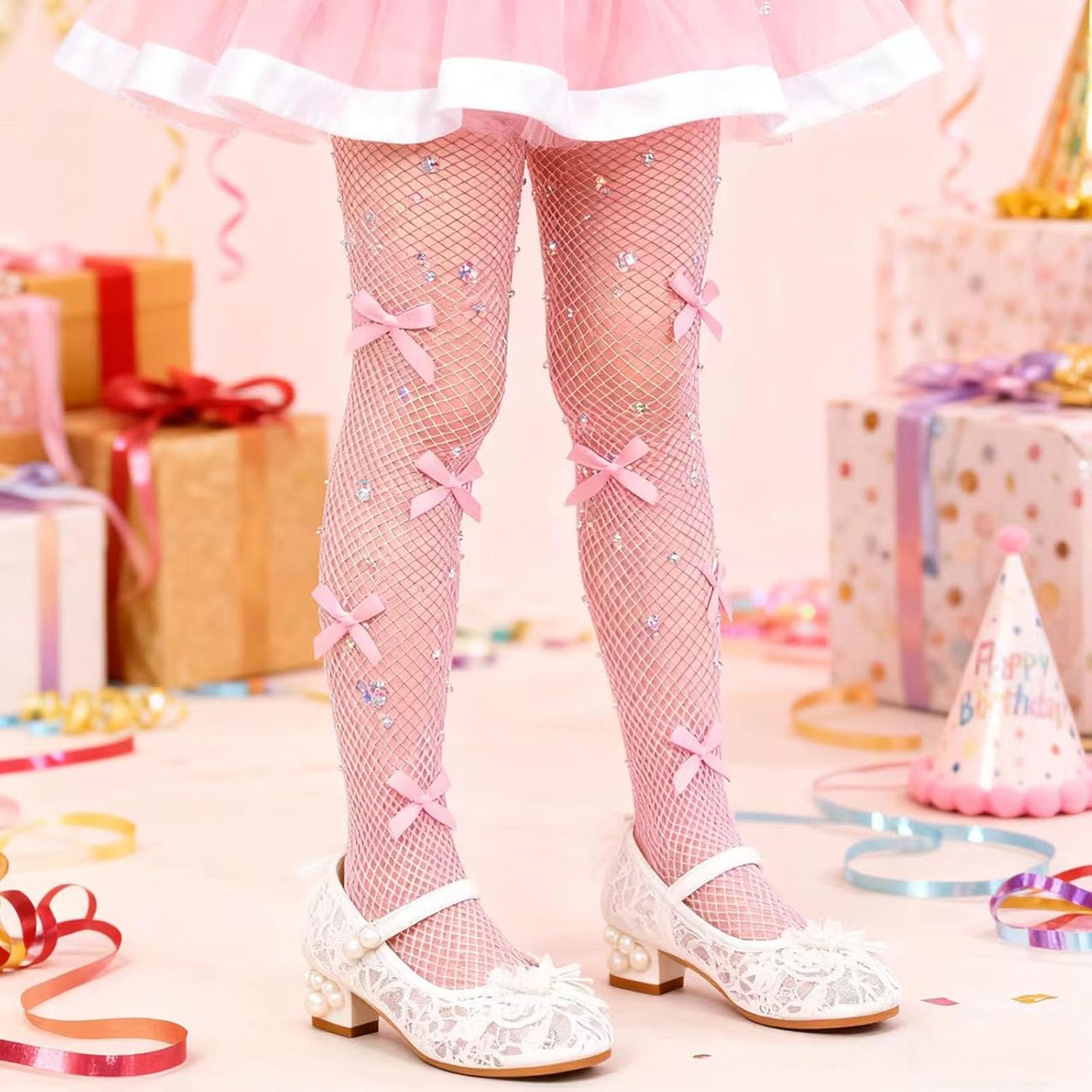 Girls Rhinestone Fishnet Tights, Toddler Sparkle Mesh Stockings with Glitter Bow for Kids Halloween Dance Performance