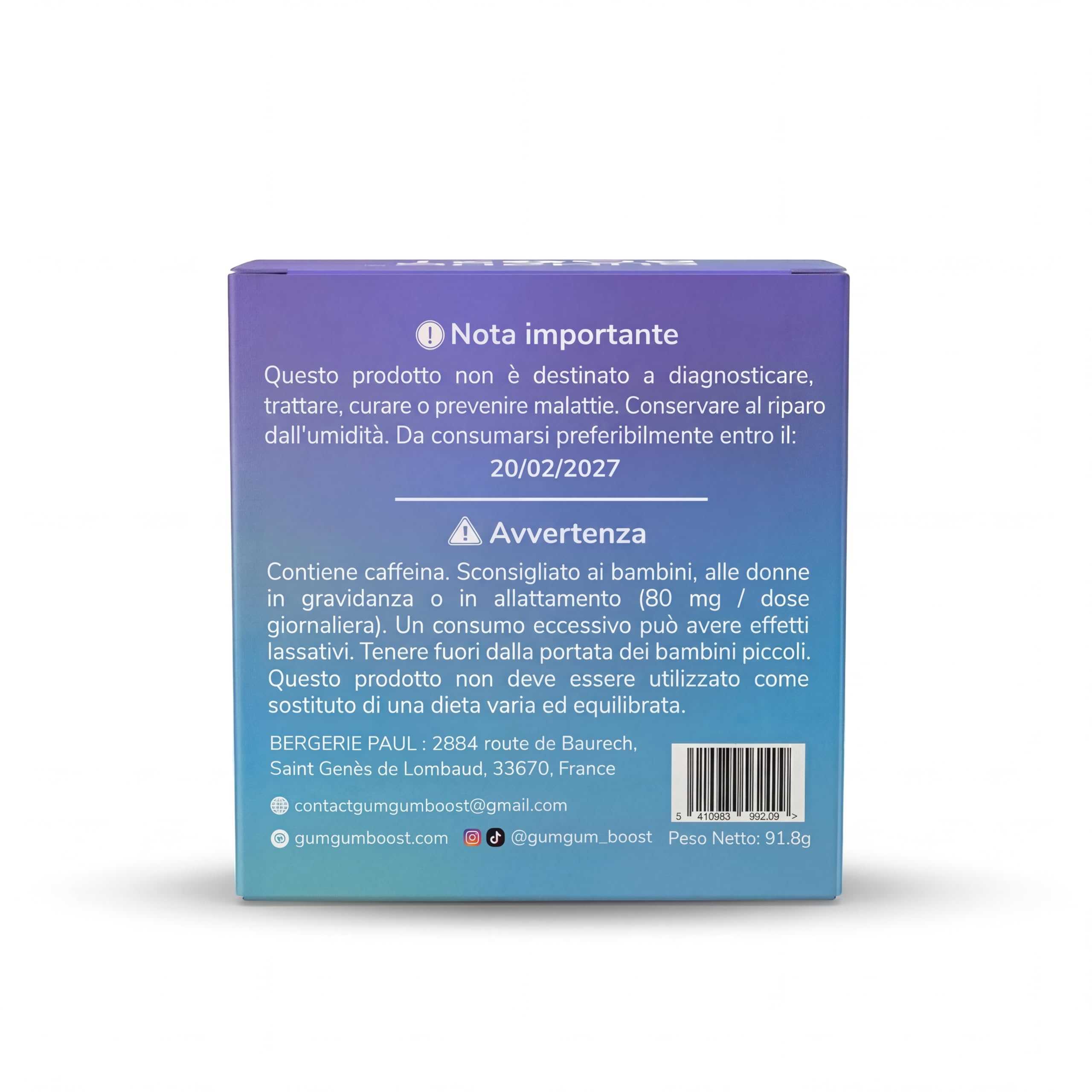 Gumgum Boost - Masticare Gum Energizzante Senza Zucchero con Vitamine B6 & B12 – Caffeina Naturale & L-Teanina – Energia, Concentrazione & Vigilanza – Gusto Menta Fresca – Integratore Vegano – 54