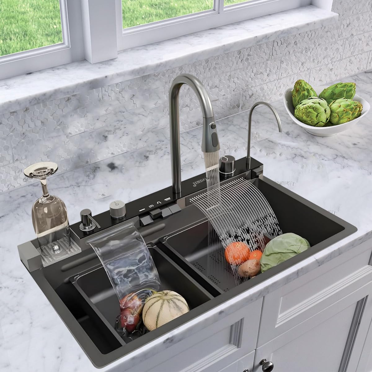 30x18x9 inches 304-Grade Stainless Steel Kitchen Sink with Piano Switch with Integrated Waterfall, Digital Display, Pull-out Faucet and RO Tap/Anty Stratch/Nano Coating /0220