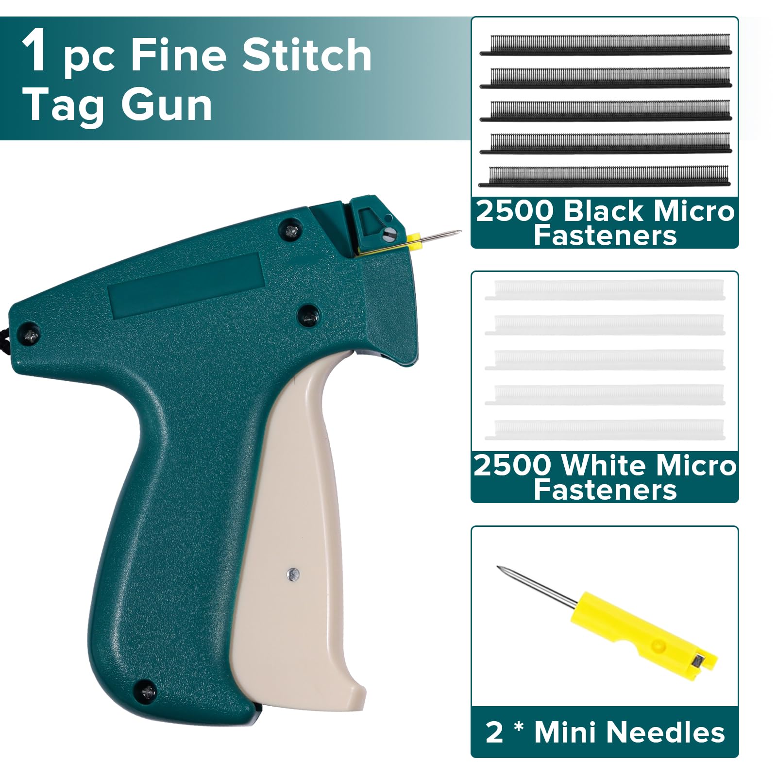 Mini-Stichpistole für Kleidung, feine Nähte, schnelle Kleidungsfixierung, Nähen, Quilten, Säumen, Schnellstich-Tagginn-Pistole, Kits mit 2 Nadeln, 2500 schwarz und 2500 weiß, 4,4 mm Verschluss (grün)