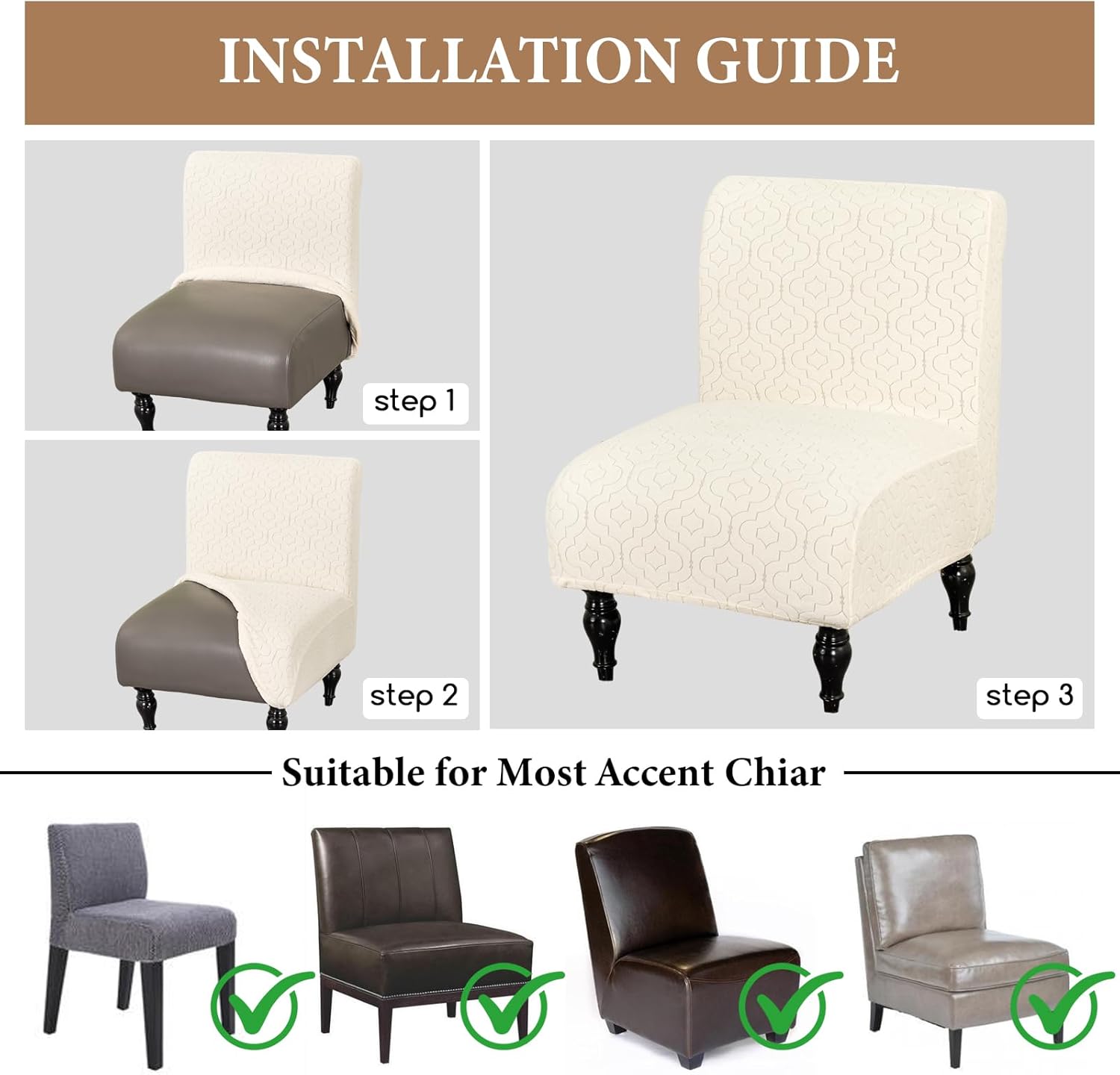 FUANGUI Armless Accent Chair Cover Slipcover, Stretch Spandex Chair Covers for Living Room Removable Washable for Armless Chair Furniture Protector