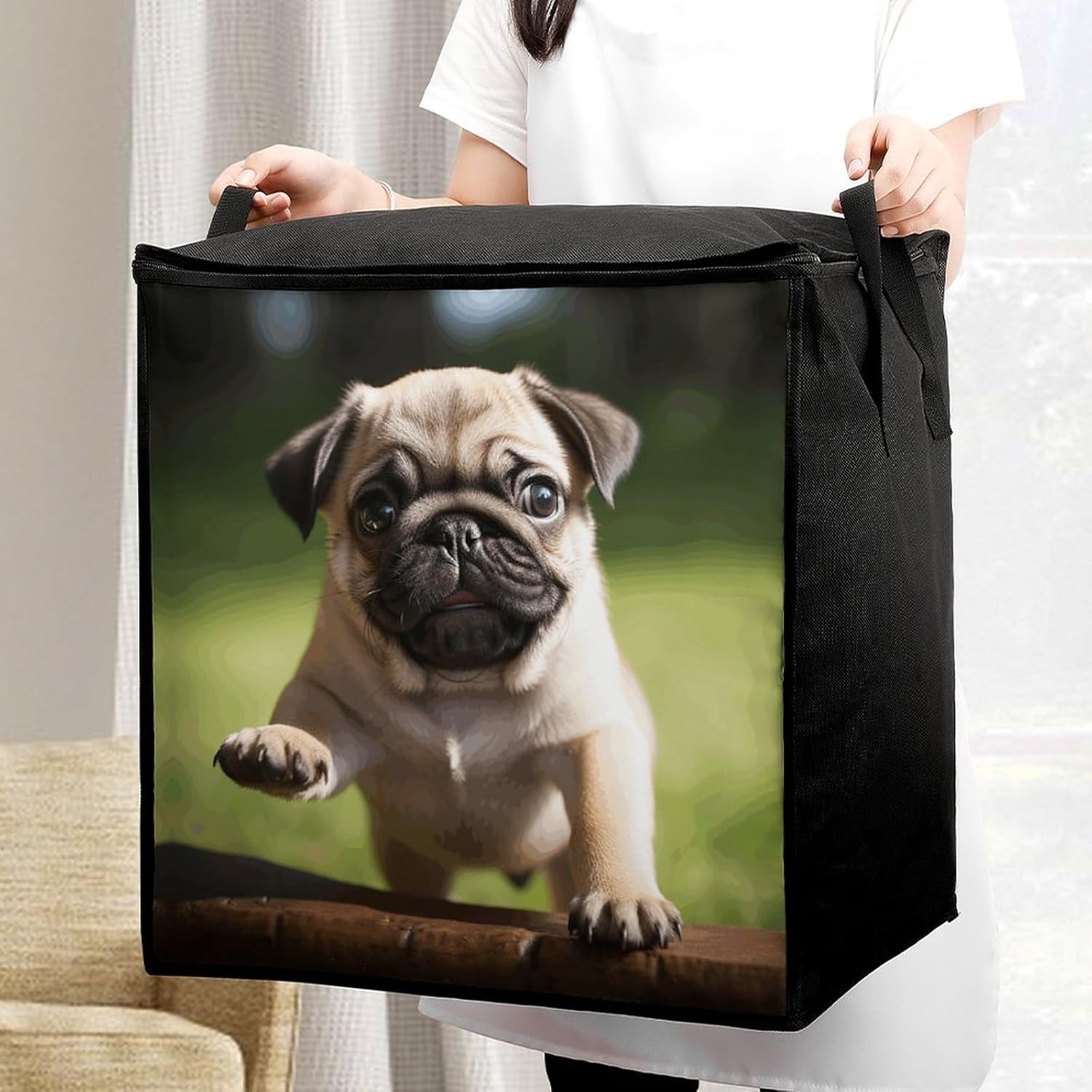 Portable Quilt Storage Bag,Pug Puppies Printed Foldable Wardrobe Storage Box Foldable Storage Bag with Lids And Handle Large Clothing Storage Bag for Comforters Clothes Blankets Pillows
