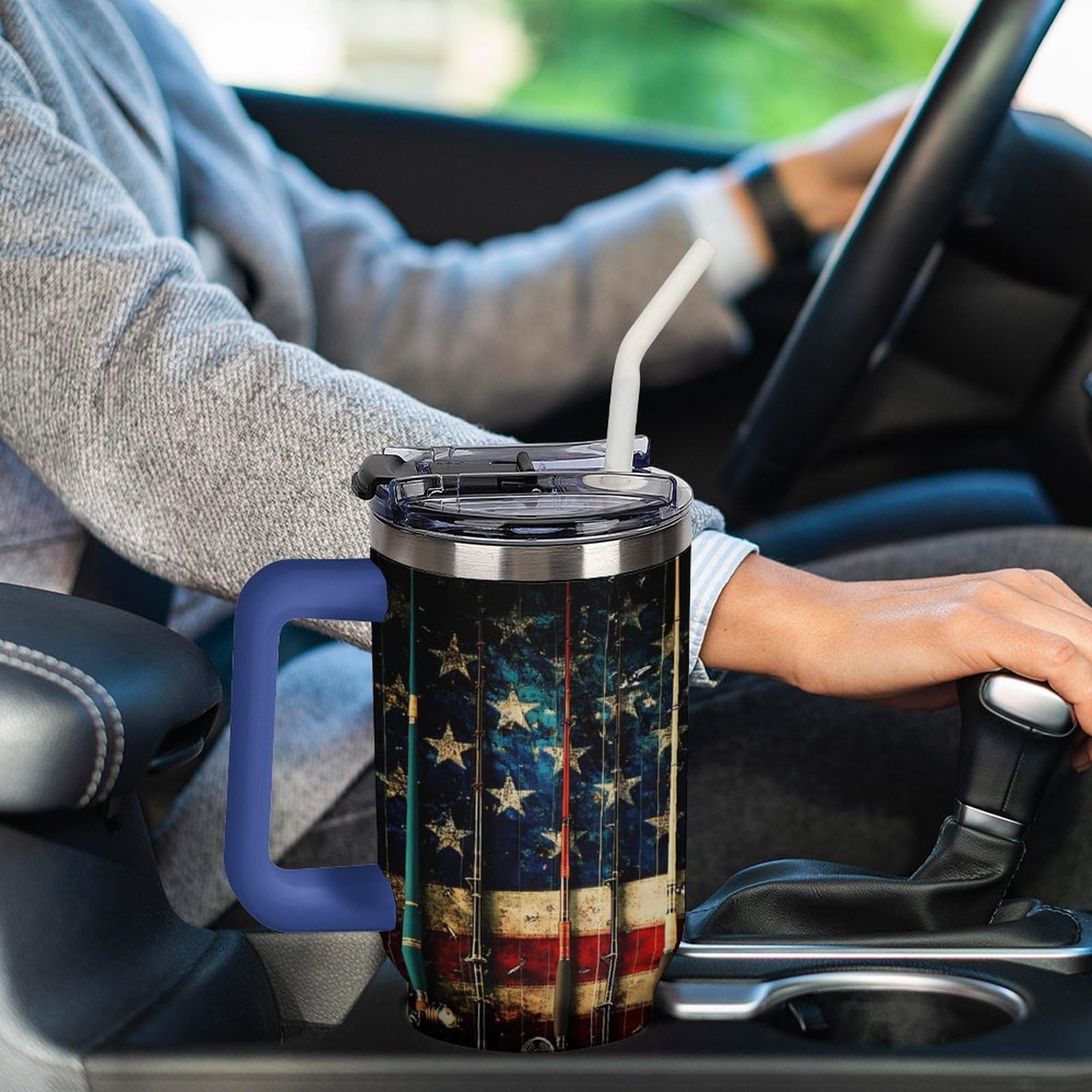 Becher mit Griff und Angelrute mit USA-Flagge, 1,2 l, Reise-Kaffeebecher, großes Fassungsvermögen, Autobecher, Wasserflasche