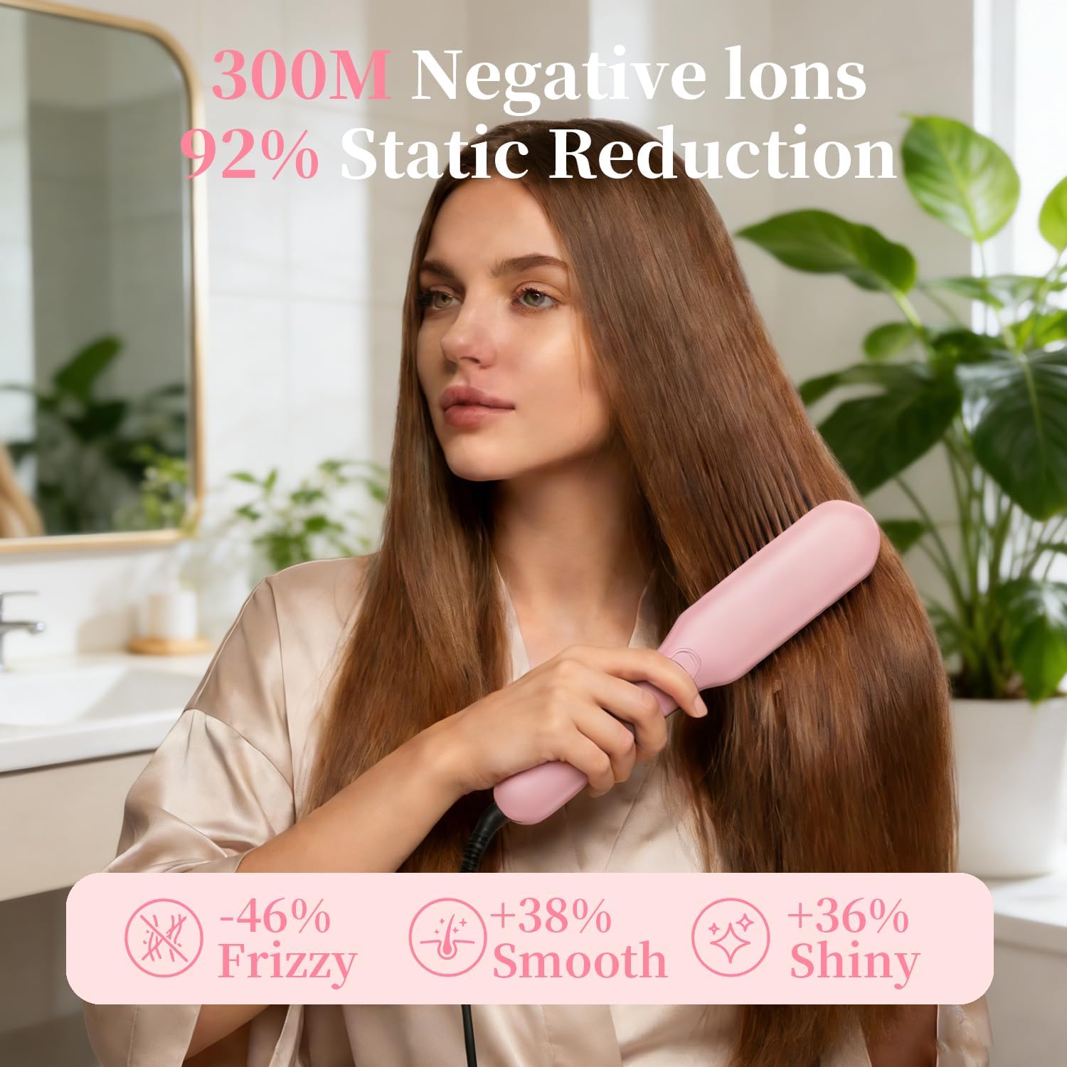 Go Brush Pro, 2026 Cordless Hair Straightener Brush 4 Adjustable Temperature 300 Million Negative Ions Portable USB Charging Travel Hair Straightener Suitable for All Hair Types (Pink)