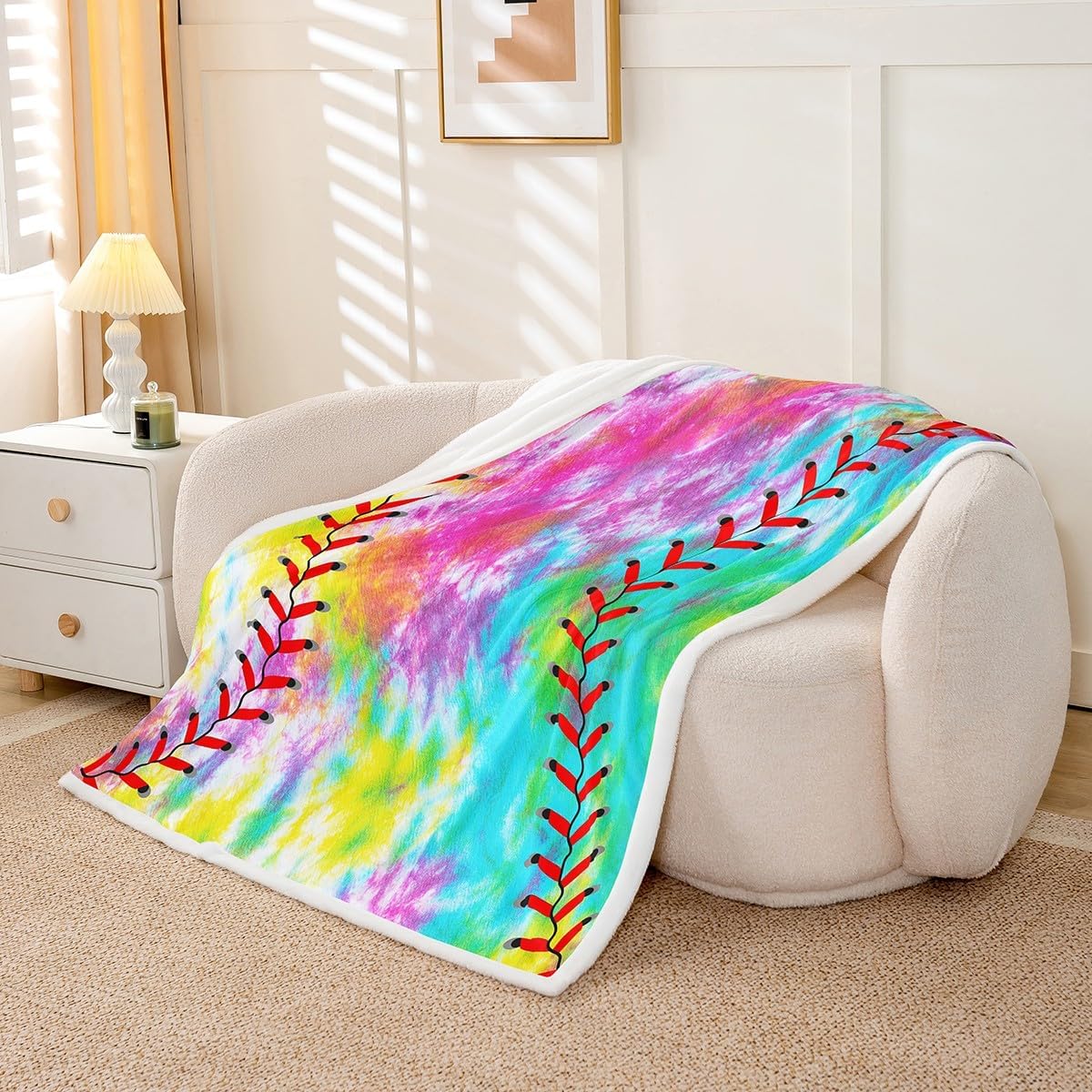 Kids Baseball Plush Blanket Boys Girls Softball Sports Game Fleece Throw Blanket Girly Colorful Tie Dye Sherpa Blanket Teens Men Baseball Gaming Fuzzy Blanket for Sofa, Rainbow Decor Twin 60x80 Inch