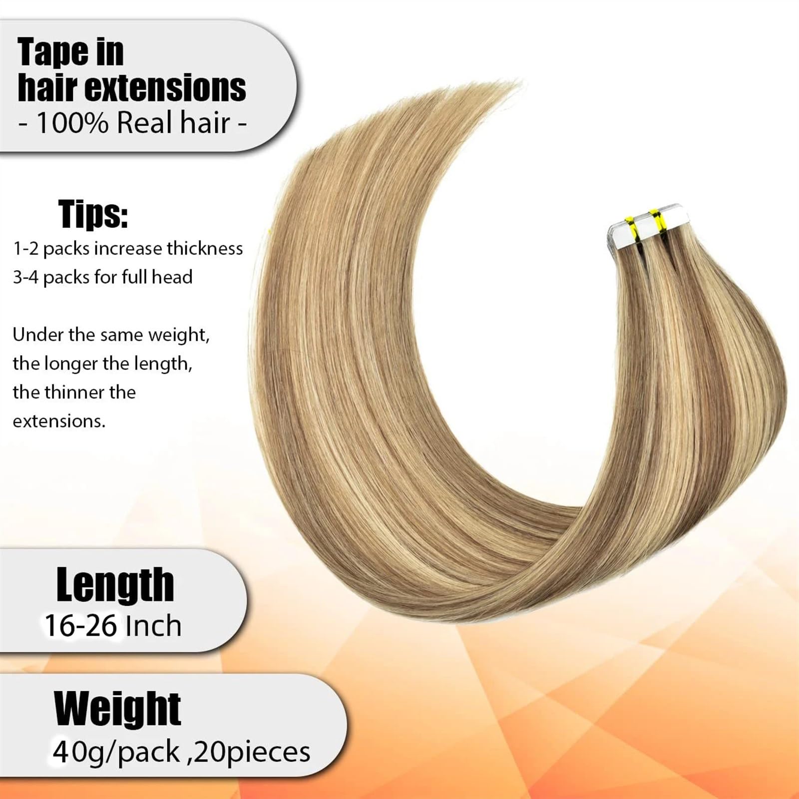 Bandverlängerungen Tape-In-Haarverlängerungen, Echthaar, Kamelbraun, gemischt mit Bleichblond #8/613, echtes Echthaar, unsichtbare Bandverlängerungen, Remy-Echthaar Haarverlängerungen (Size : 40 pcs