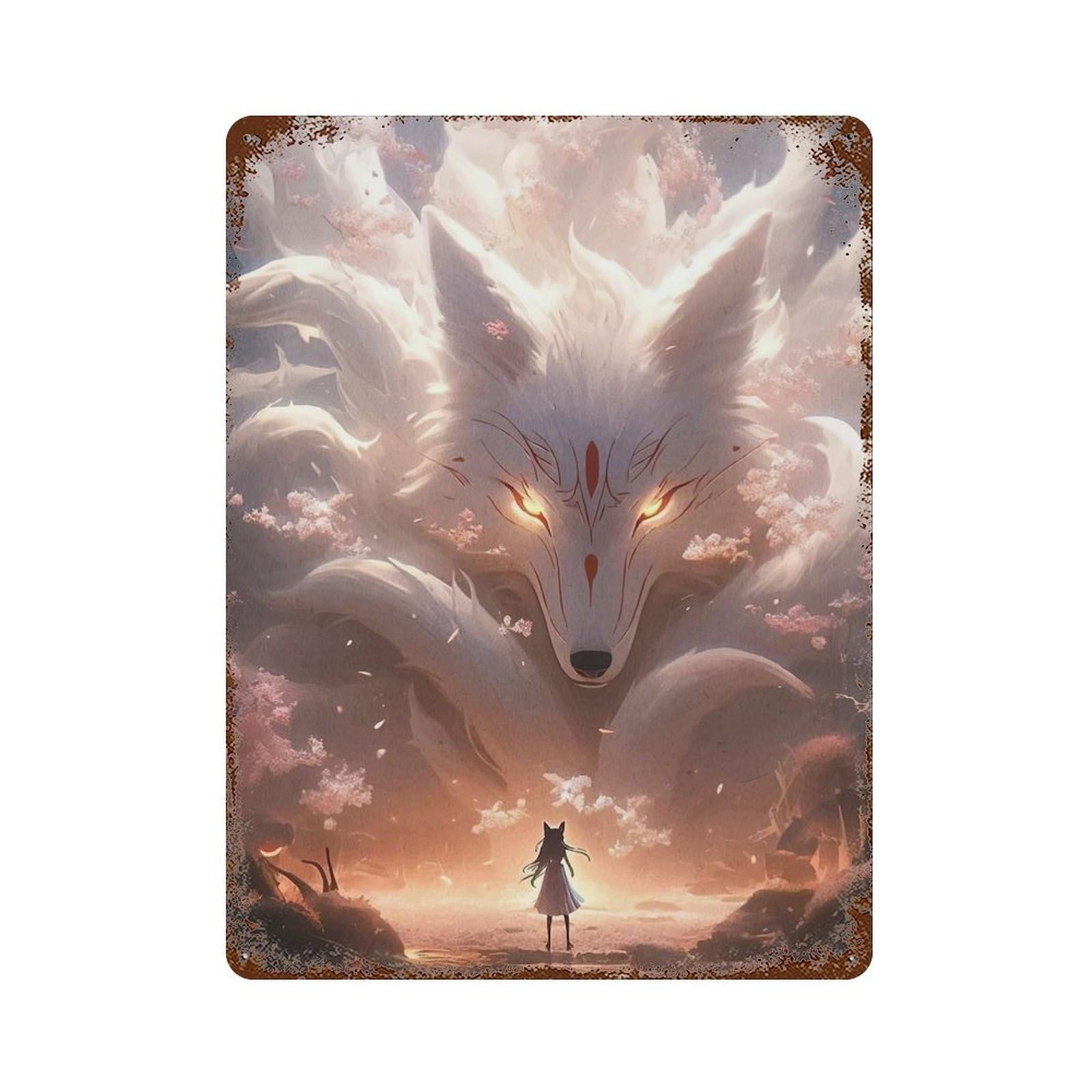 Garage Style Anime Girl Nine-Tailed Fox Distressed Metal Wall Sign 15.7"x11.8", Rustic Home Decor for Bar And Workshop