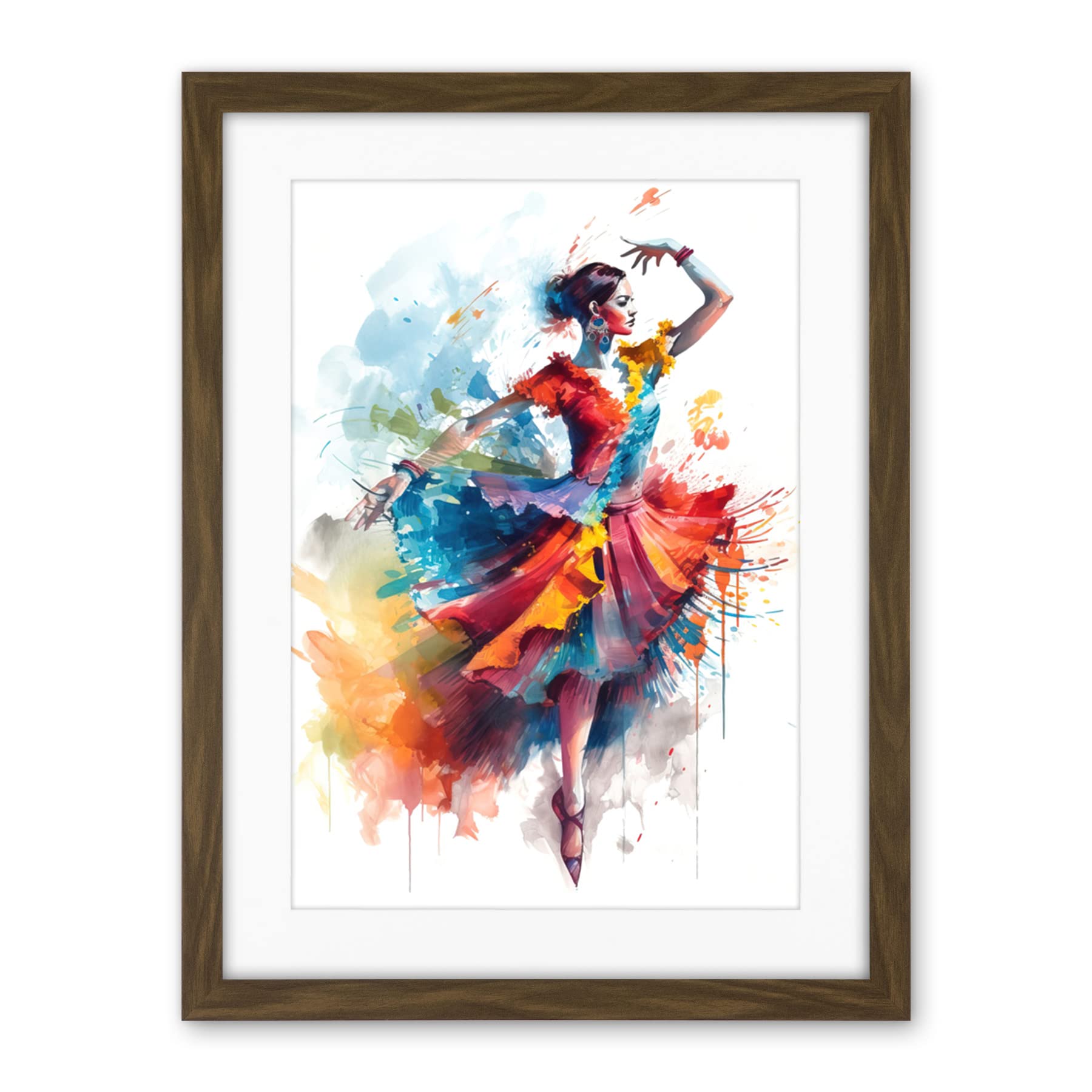 Artery8 Flamenco Dancer in Motion Rainbow Colour Dress Dance Modern Watercolour Painting Artwork Framed Wall Art Print 18X24 Inch
