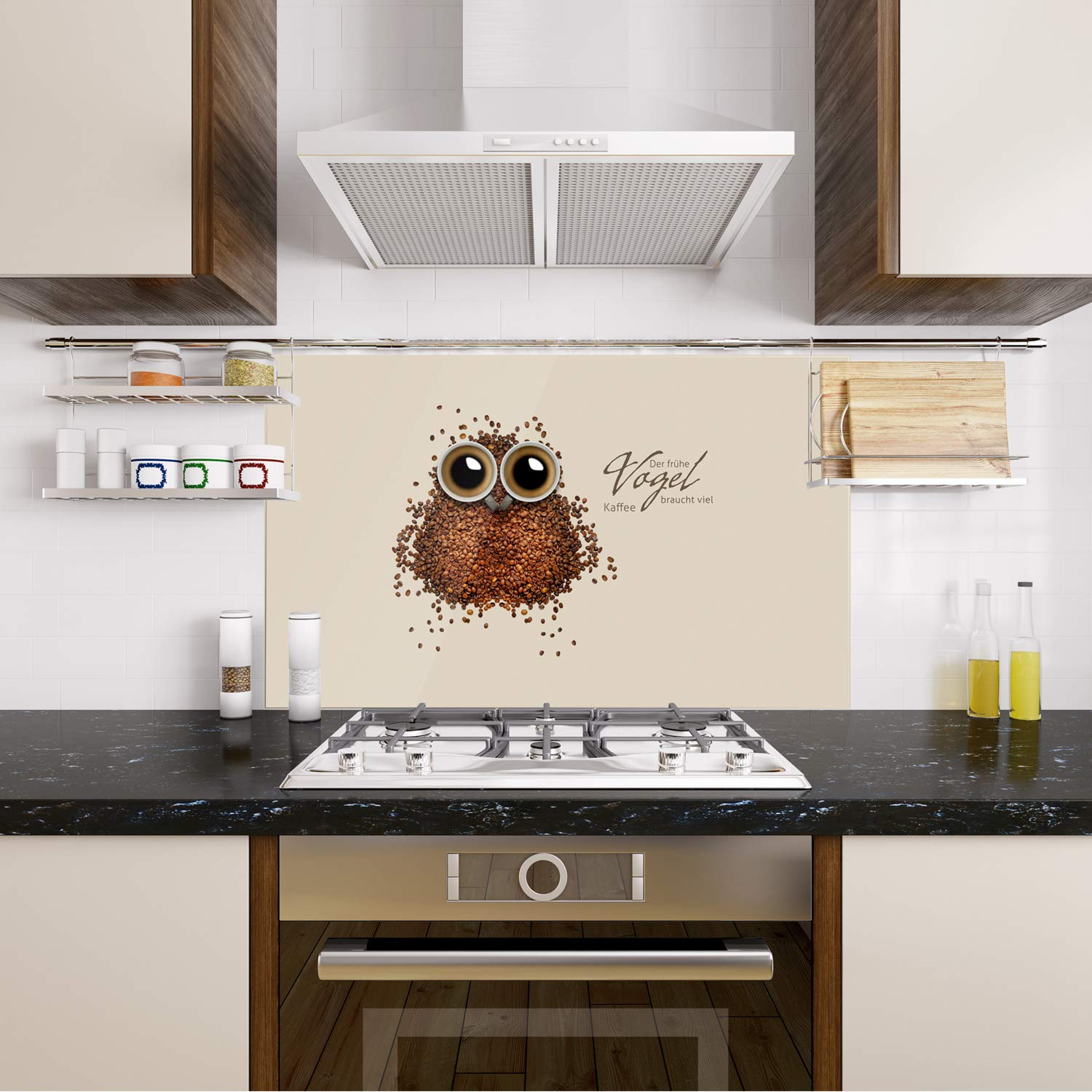 GRAZDesign Küchenrückwand Glas Sprüche Kaffee Lustig Spritzschutz Herd | Druck hinter Glas | Bild Motiv braun Rückwand Küche, Glasplatte mit Motiv Küchenmotive, 80x50cm
