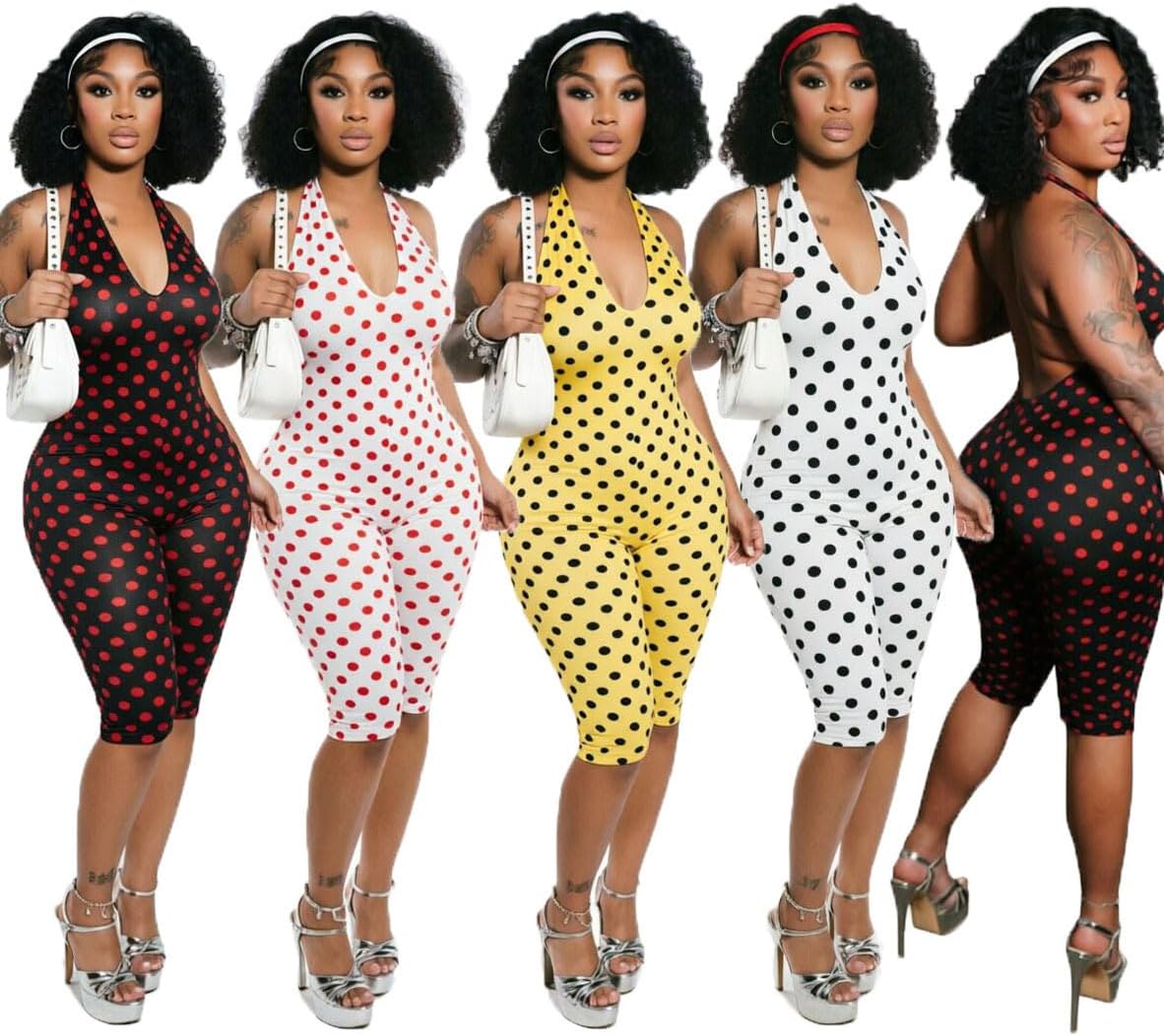 Molilove Women's Polka Dot Jumpsuits Sexy Halter V Neck Backless Bodycon Capri Romper Y2k Going Out Outfits Party Clubwear