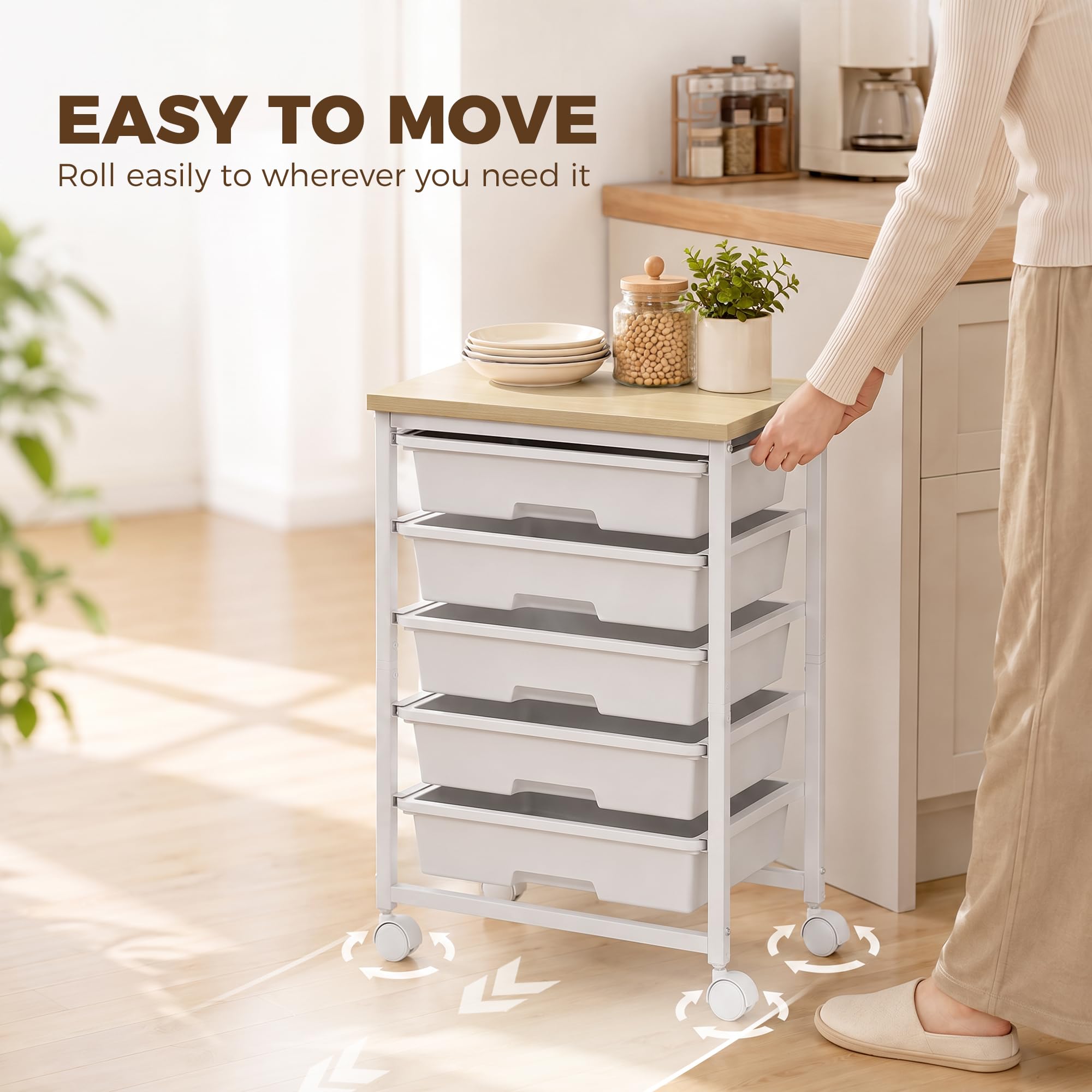 HOMCOM Chariot de rangement 6 étages sur roulettes 5 tiroirs coulissants Blanc