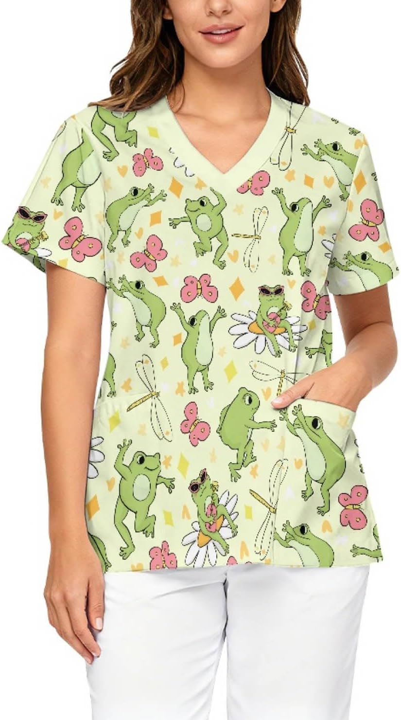 Womens Scrub Tops,V Neck Short Sleeve Nurse Scrub,with Pockets