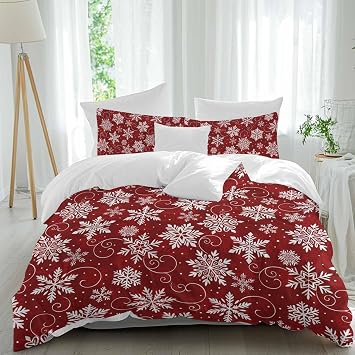 Christmas Duvet Cover Set California King Size Christmas White Snowflake Texture Red Comforter Cover Set Soft Bedding Set for Teen Boys Girls Adults Bedroom Decor1 Duvet Cover+2 Pillowcases