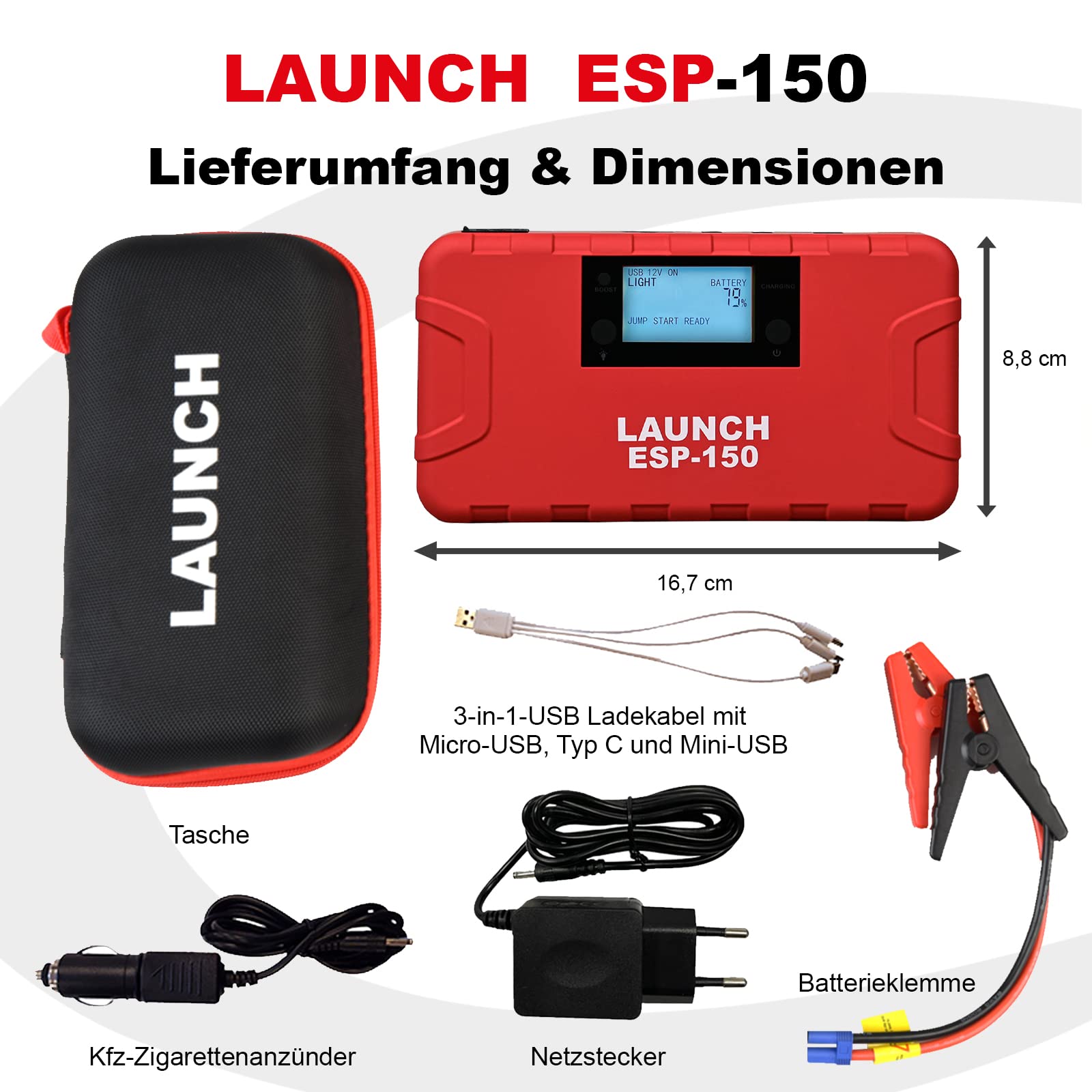 Starthilfe PowerBank Launch Europe ESP-150 Auto Starthilfegerät Tragbare Auto Batterie Booster mit LED-Glühbirne und Starthilfekabel 500A 15.000mAh, Rot