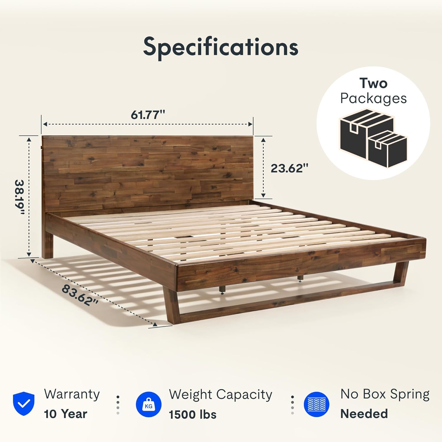 FLEXISPOT Hako Queen Solid Acacia Wood Platform Bed Frame with Storage Headboard, 1500 lbs Heavy Duty, Tool-Free Quick Assembly, SGS Certified, Sherwin-Williams Finish, Walnut Brown, 10-Year Warranty