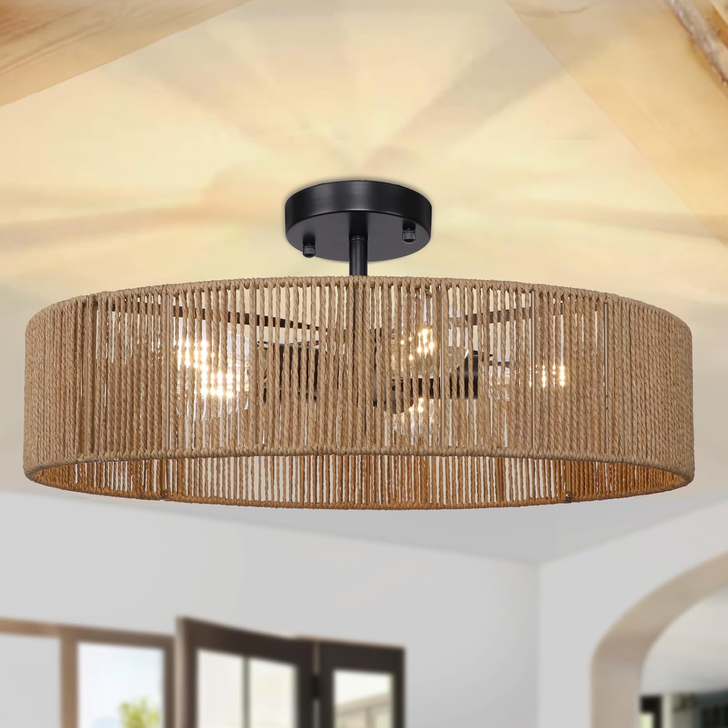 5-Light Boho Rattan Chandelier, Gold Hand-Woven Drum Farmhouse Chandelier Light Fixture, Large Adjustable Rustic Ceiling Light for Dining Room, Bedroom, Kitchen Island, Foyer, Hallway