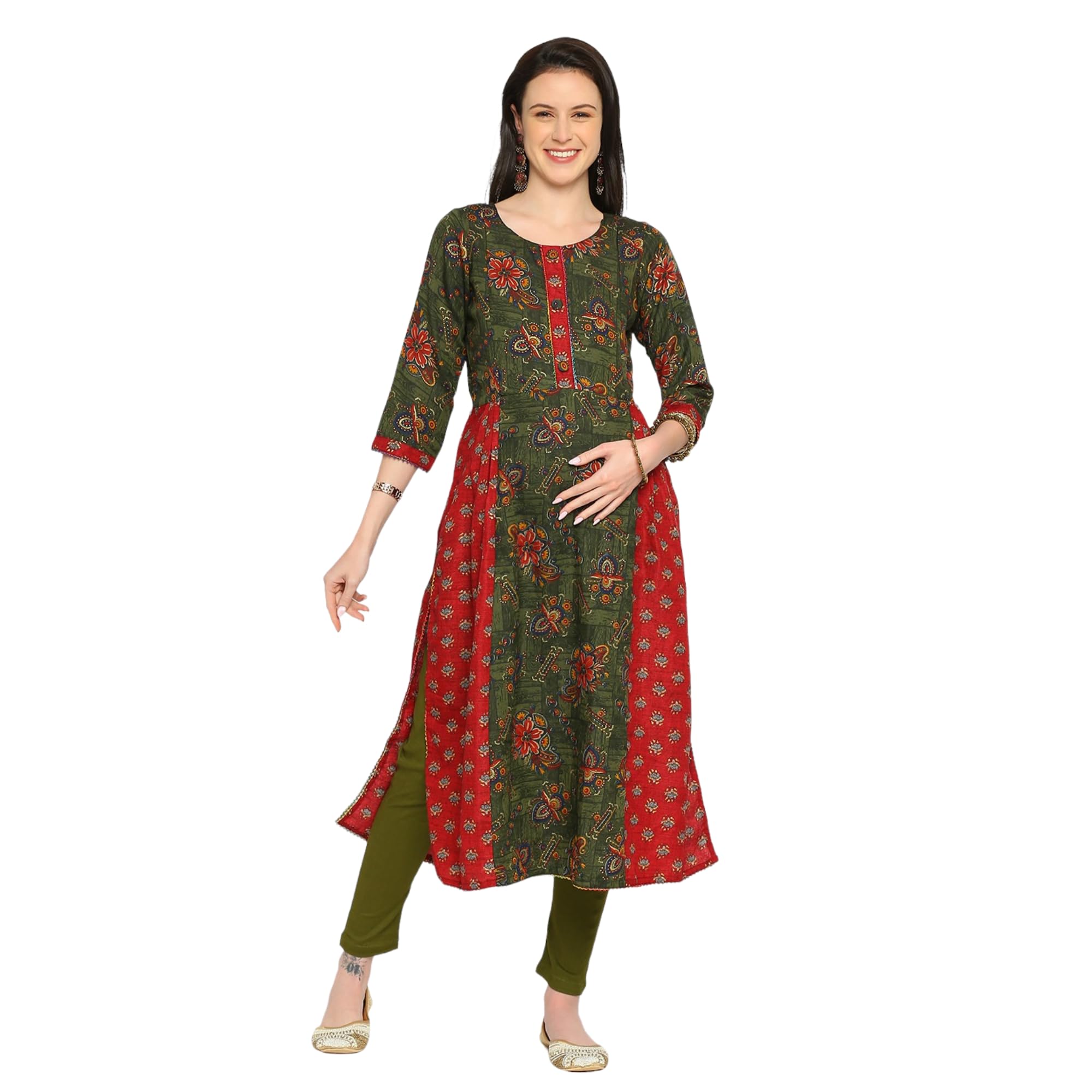 Floral Printed Rayon Maternity Kurta|Green-picture-56