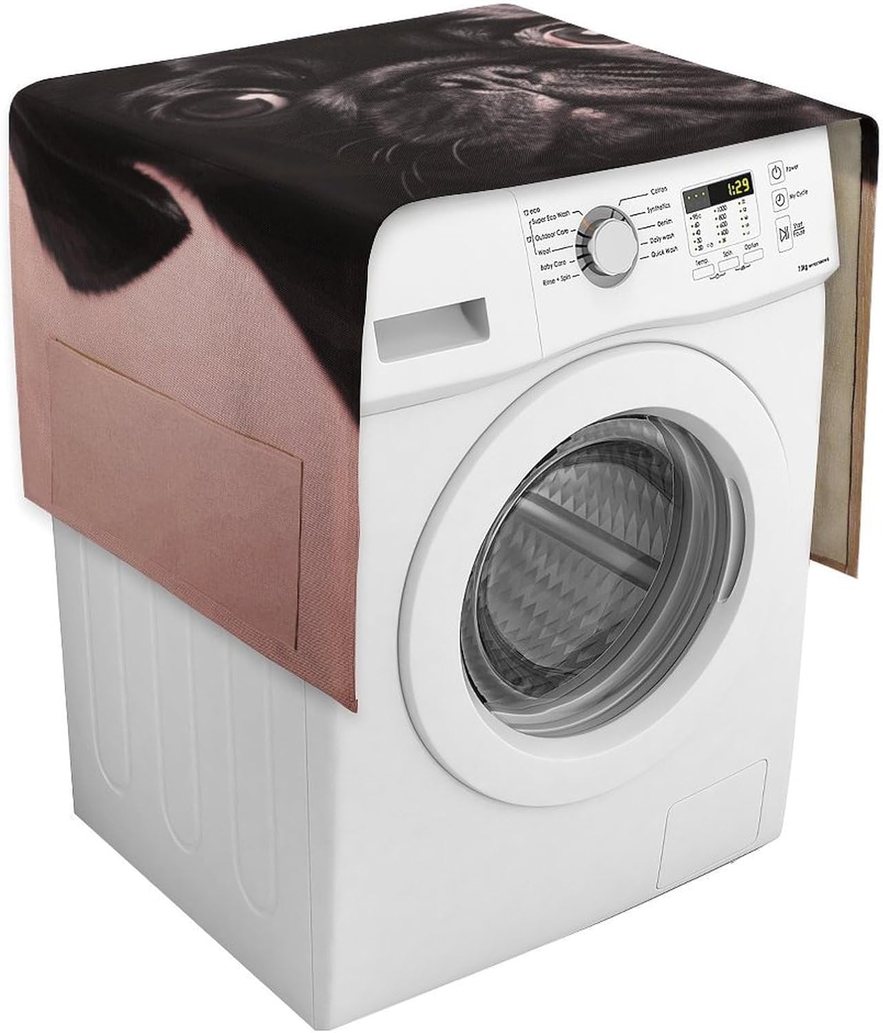 Cute Black Pug Washing Machine Cover with Storage Pockets Washer Dryer Top Dust Cover 54.3" X 20.5" Refrigerator Kitchen Protective Pads Home Decor