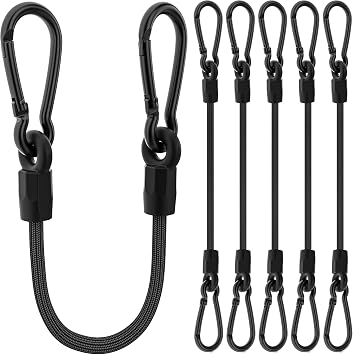 Bungee Cords, 12 inch Black Bungee Cords with Carabiner Hooks for Camping, Heavy Duty Outdoor High Strength Short Strong Elastic Bungee Cord Rope with Clips On Both Ends for Bike Rack Tarps, 6 Pack