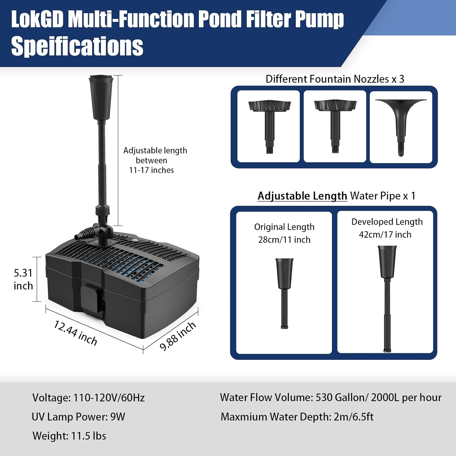 Pond Filter Pump 530 GPH,Submersible Fountain Pump Kits with Filter,Built-in Water Pump and 9W Lamp for Outdoor Pond Pool Koi Fish Garden Ponds