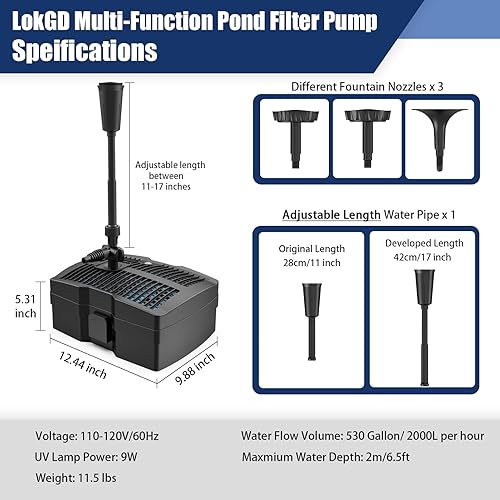 Miniatura 6 de Bomba de filtro de estanque de 530 GPH, kits de bomba de fuente sumergible con filtro, bomba de agua integrada y lámpara de 9 W para estanques al