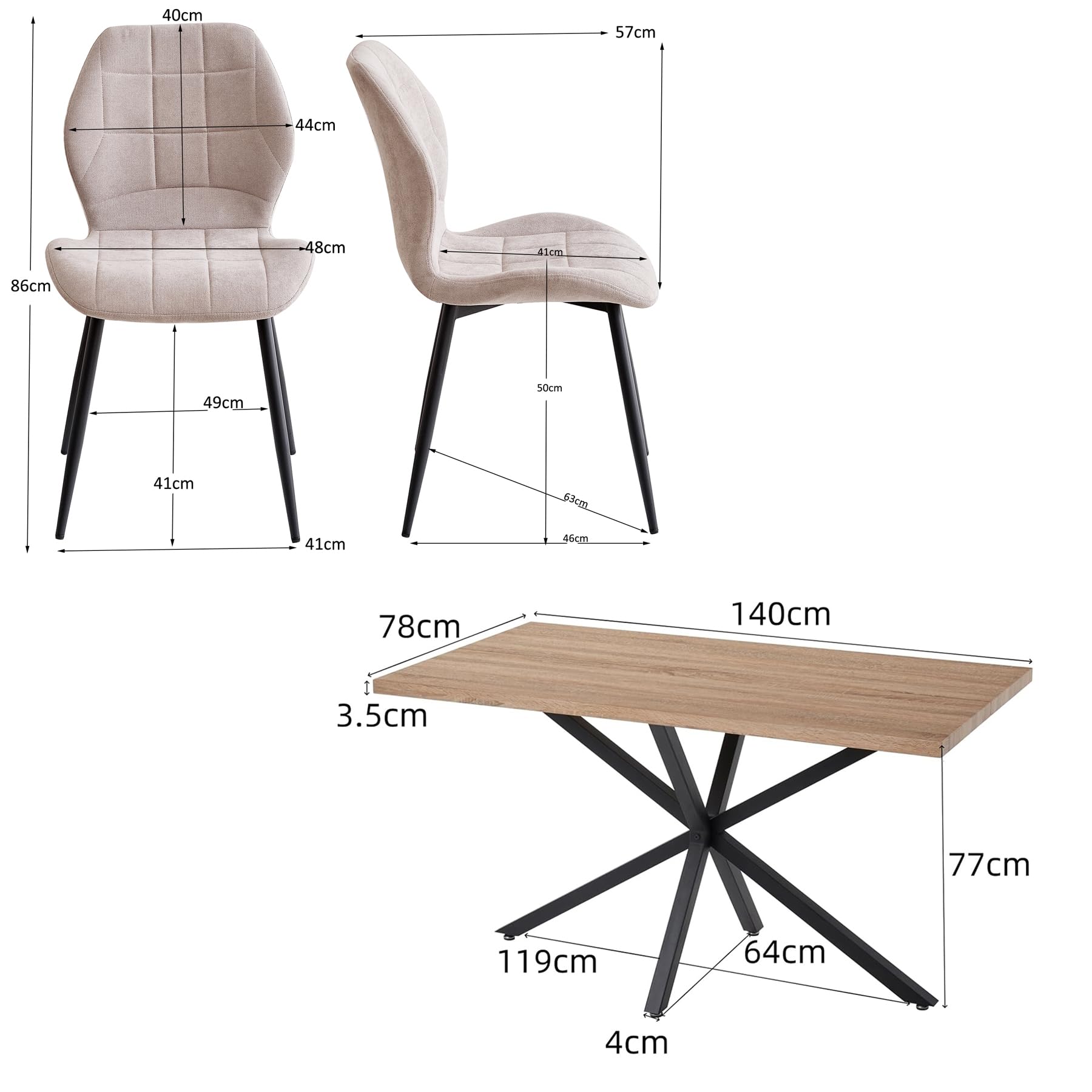 GrandCA HOME Juego de Mesa y Sillas de Comedor, Mesa de Comedor Rectangular 140 * 78 * 77cm,4 Sillas de Comedor Ttapizadas, Juego de Muebles de Cocina de 5 Piezas (Color Claro + Beige)