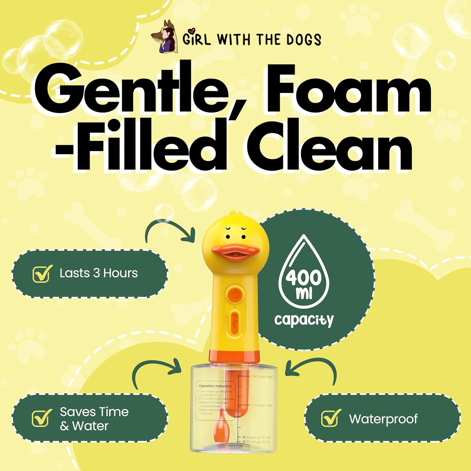 Electric Shampoo Dispensing Foaming Duck by Girl With The Dogs – Fun Foaming Soap Dispenser for Dog Grooming, Cat Supplies, Kids Bathroom Set & Bathroom Accessories – Shampoo Pump Dispenser