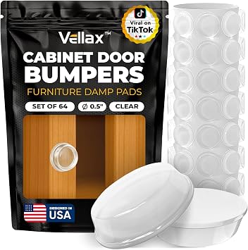 64 Clear Cabinet Door Bumpers - 1/2 Inch Self Adhesive Rubber Stoppers for Drawers, Damp Pads Cupboards, Cutting Boards, Glass Tops, Picture Frames - Vellax