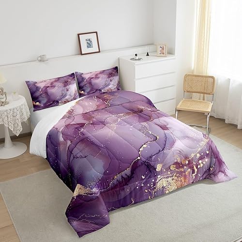 Miniatura 5 de Manfei Juego de edredón de mármol morado, tamaño King, juego de ropa de cama de mármol acuarela de 3 piezas para decoración de habitación de niños y