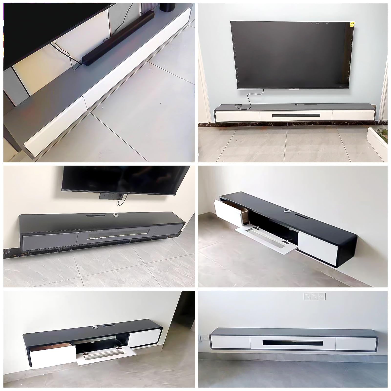 Mobile TV sospeso a Parete con cassetti e Ante, consolle multimediale in Legno montata a Parete con Foro per Cavi e Router, Moderno scaffale portaoggetti per Centro di intrat,A-200x24x20cm