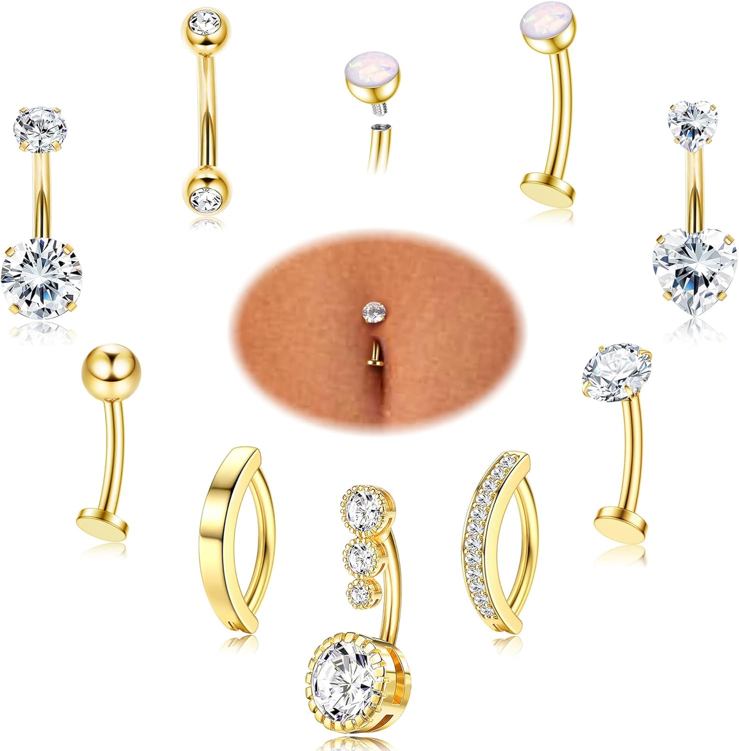 FIASASO 9 Pcs Belly Button Ring - Surgical Stainless Steel Floating CZ Heart Clicker Belly Piercings for Women Navel Belly Piercings Jewelry Pack