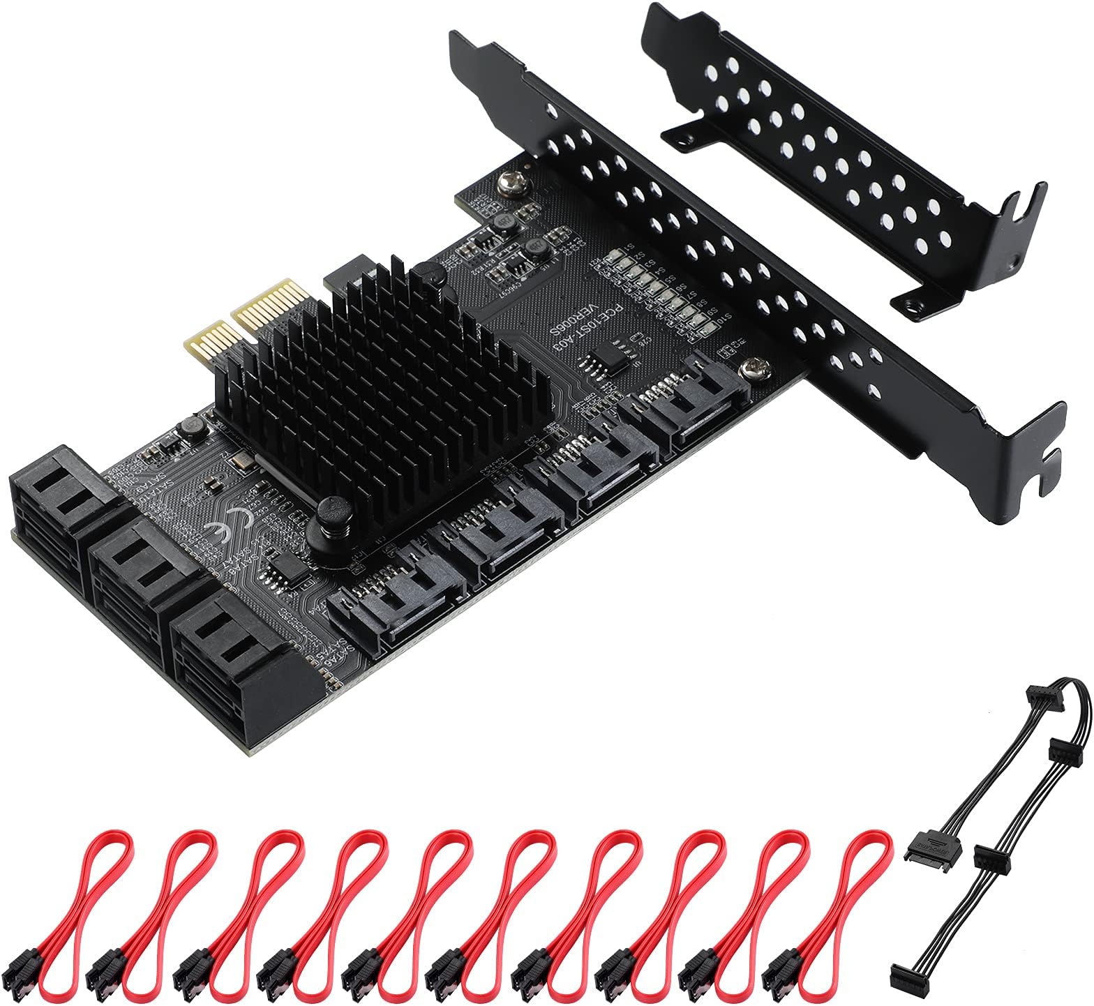 PCIE SATA Card 10 Ports - 6Gbps SATA 3.0 Controller Expansion Card with SATA Power Splitter Cable - PCI Express Card SATA 10 Prot Supports All PCIe Card Slots (Chip ASM1166+JMB575)