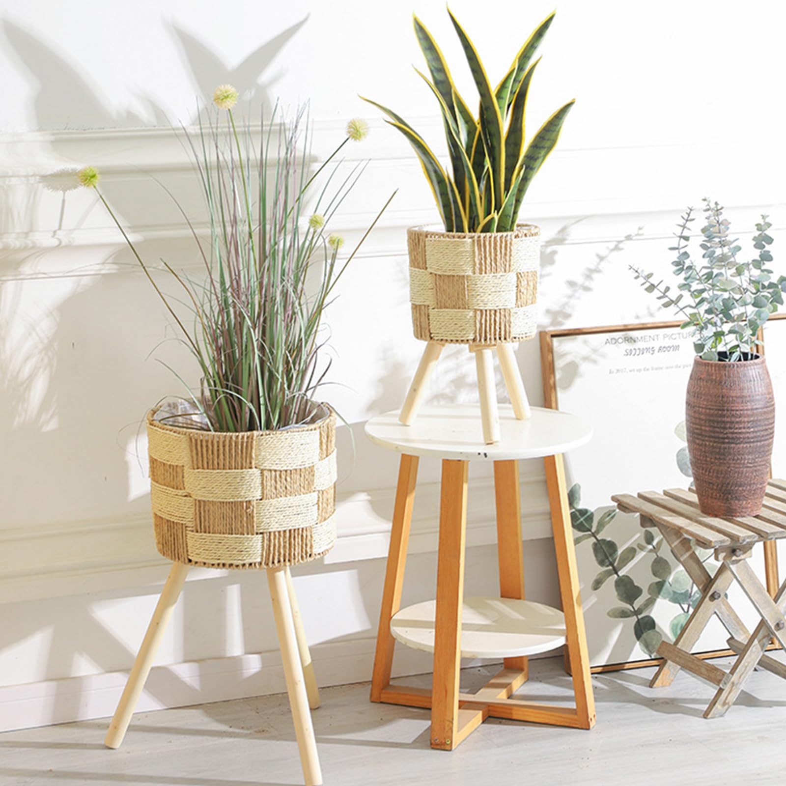Vaso da fiori in rattan intrecciato a mano con supporto in legno, cestino per interni ed esterni, per decorazioni per la casa e il giardino, supporto per piante