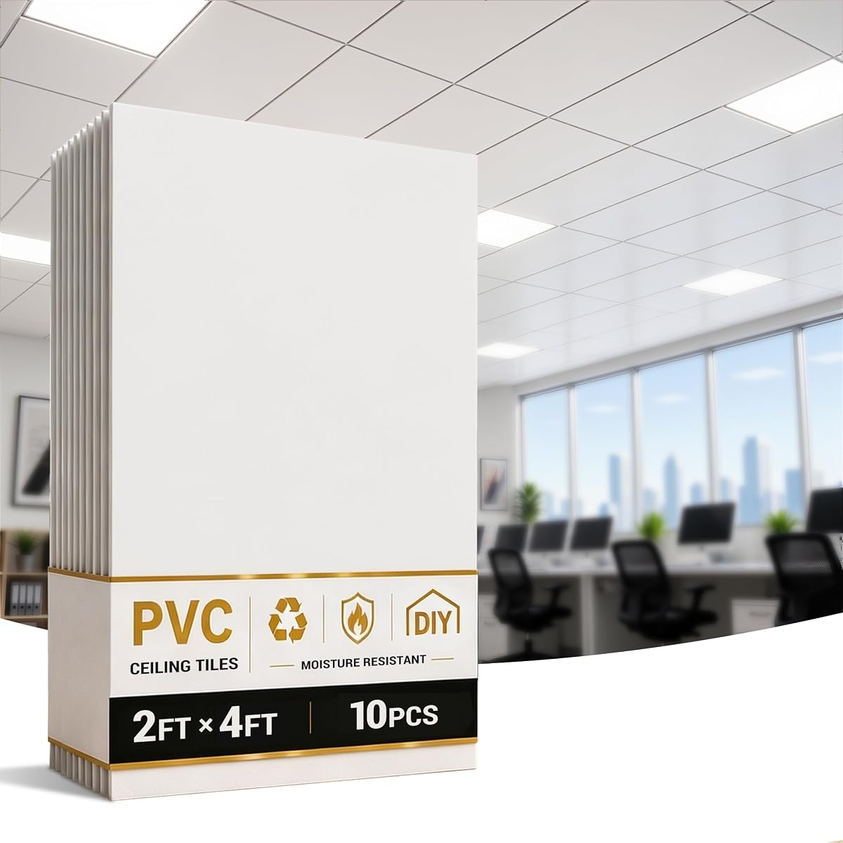 Azulejos para techo abatibles impermeables de 2x4, paneles de techo de PVC blanco liso, paquete de 10 | Superficie lavable, fácil instalación, peso ligero, fácil reemplazo, cubre 80 pies cuadrados. Pie