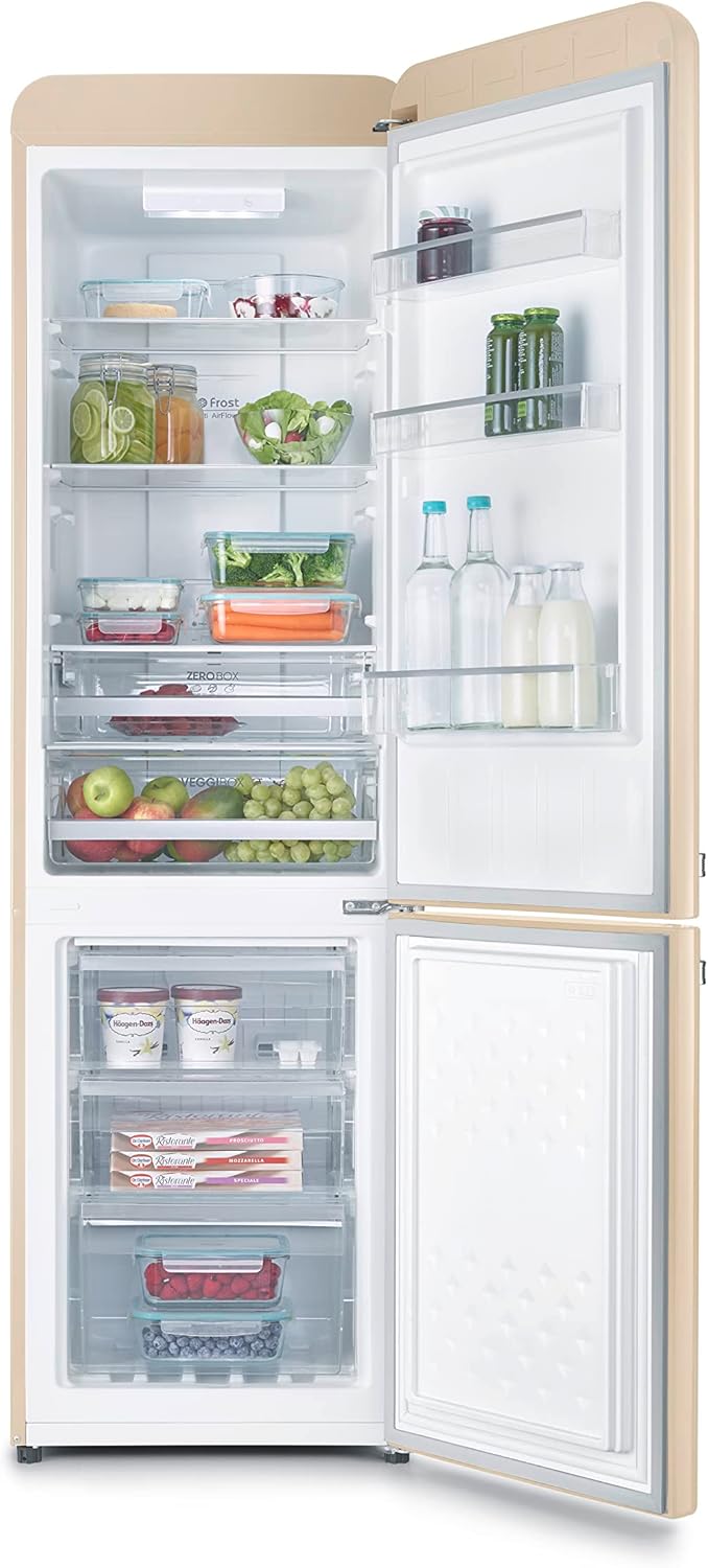 Severin Frigorifero Congelatore combinato Total NoFrost, posa libera, Larghezza 54cm, 250 L, Classe E, Veggibox incluso, Retro, Beige, RKG 8929 Severin Frigorifero Congelatore combinato Total NoFrost, posa libera, Larghezza 54cm, 250 L, Classe E, Veggibox incluso, Retro, Beige, RKG 8929